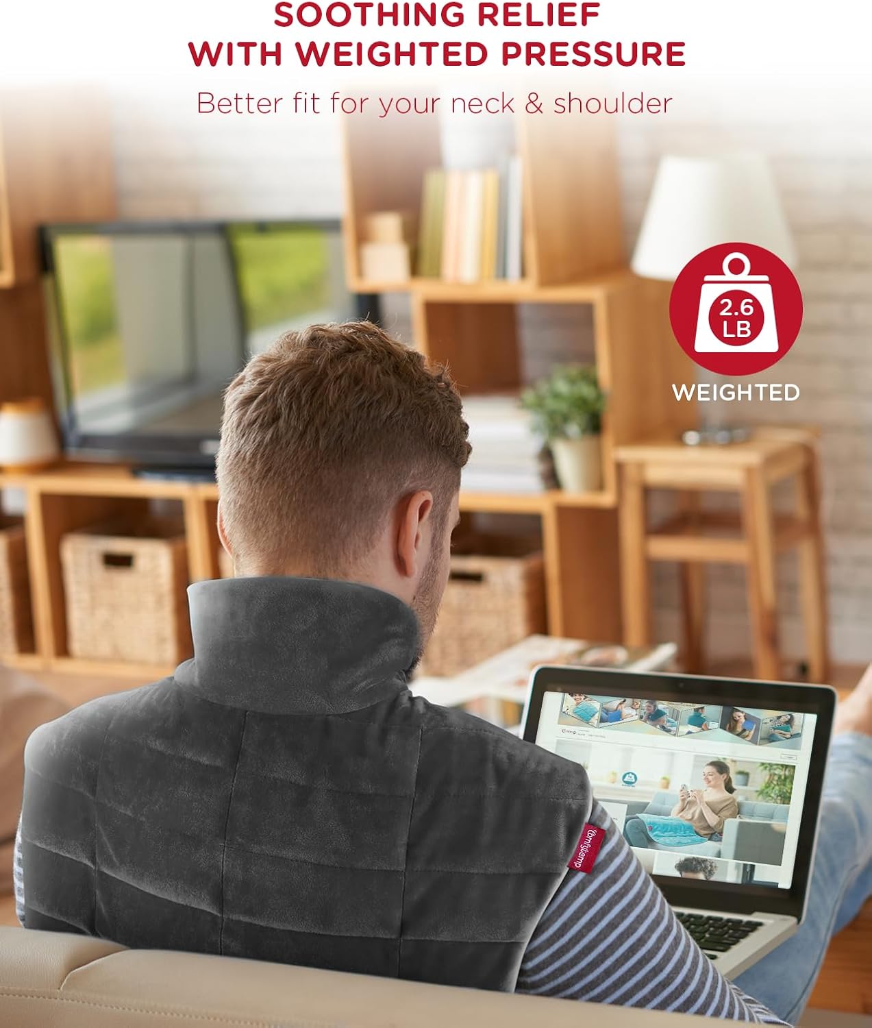 Heating Pad for Neck and Shoulders and Back, Comfytemp Weighted Electric Heat Pad for Pain Relief, 2.6lb Large Heated Wrap, 9 Heat Settings, 11 Auto-Off, Women Men Birthday Gifts Gray