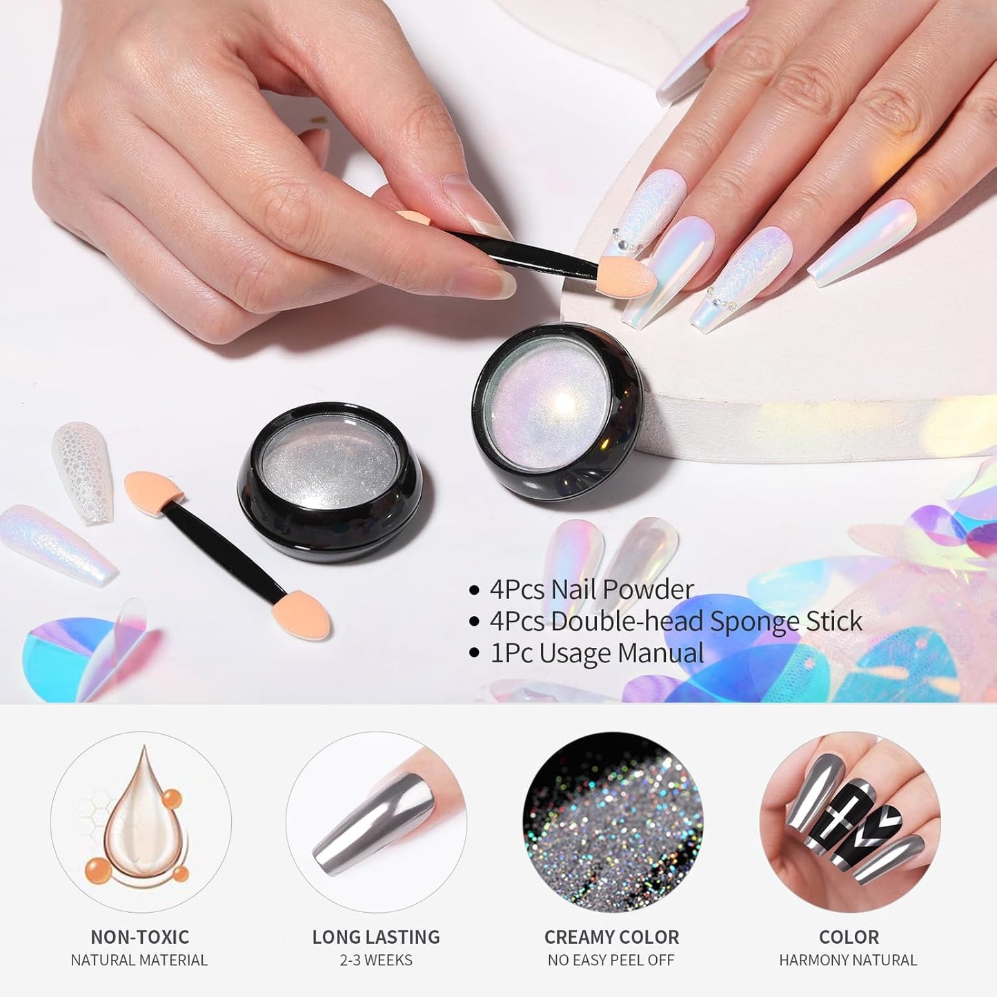 Born Pretty Chrome Nail Powder Metallic Mirror Effect Pigment Iridescent Mermaid Pearl Auroras Nail Powder Glitter Dust Kit for Gel Polish Nail Art Decoration