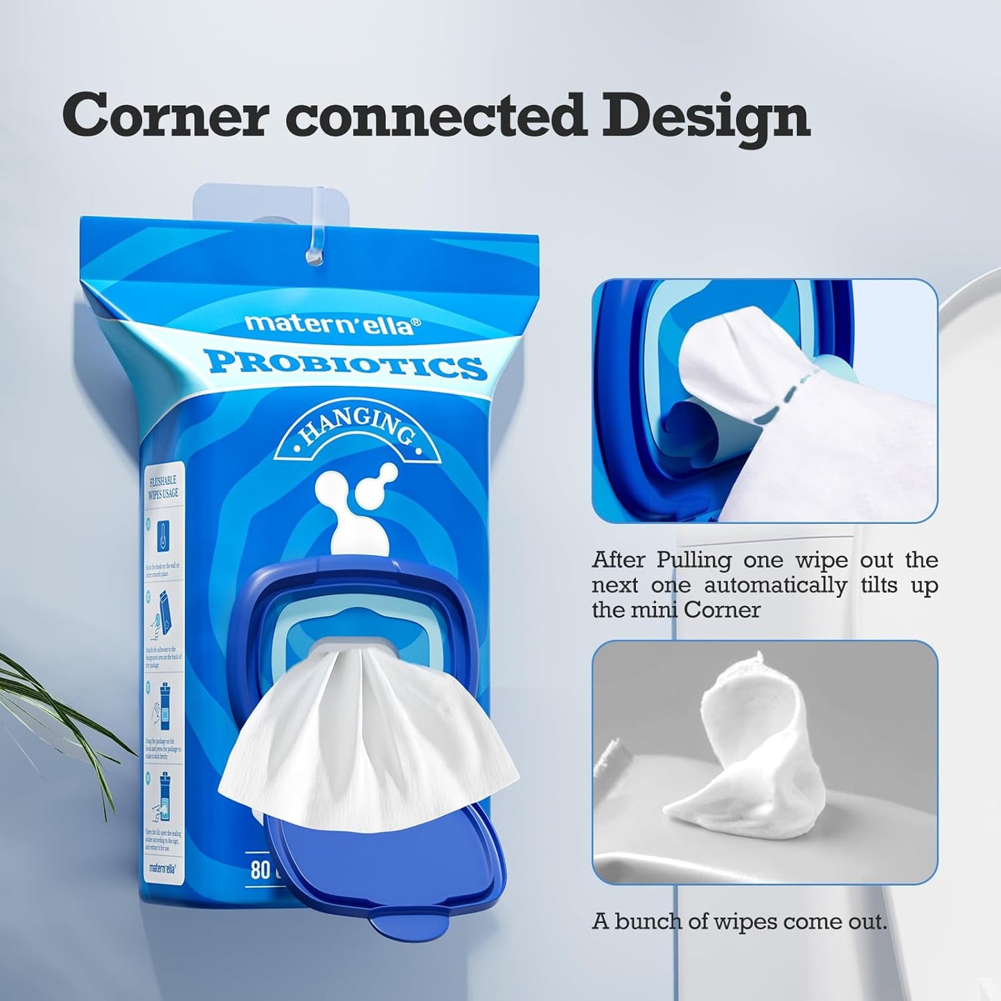 matern'ella Hanging Flushable Wipes Unscented Extra Large Corner-Connected Wet Wipes Adult Plant Based Fibers with Probiotics Alcohol Free Sewer Safe Butt Wipes Travel 3 Packs of 80 Wipes
