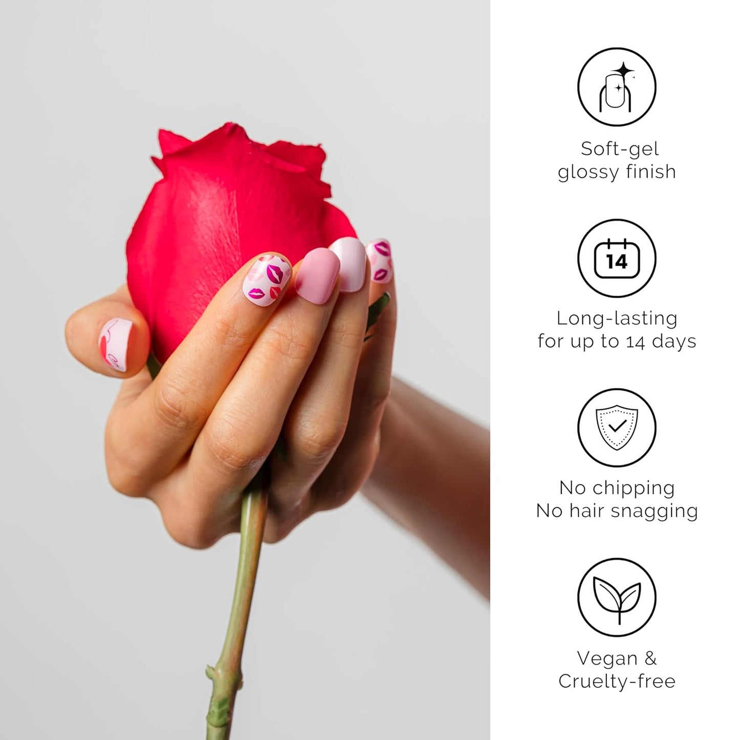 NAILOG Semi Cured Gel Nail Strips for Valentine's Day, 34 pcs Salon-Quality Gel Nail Stickers, Long Lasting Nail Wraps for Women with Soft Gel Finish Pink(Seal of Love)