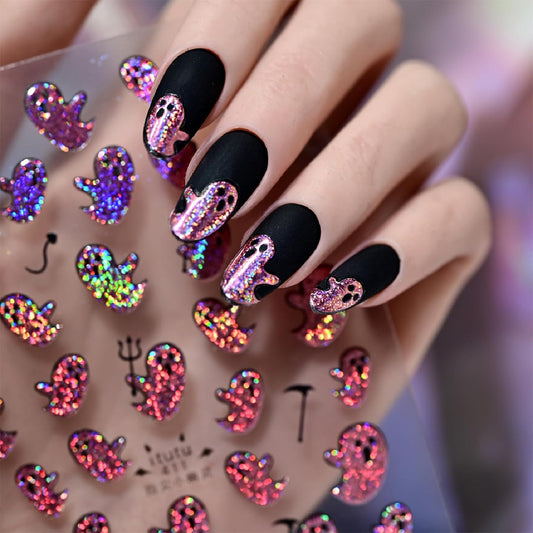 Halloween Nail Stickers for Nail Art Colorful Glitter Pink Cute Ghost Nail Art Stickers 5D Embossed Nail Decals 3D Self-Adhesive Nails Supply Manicure Sliders for Nails Decoration