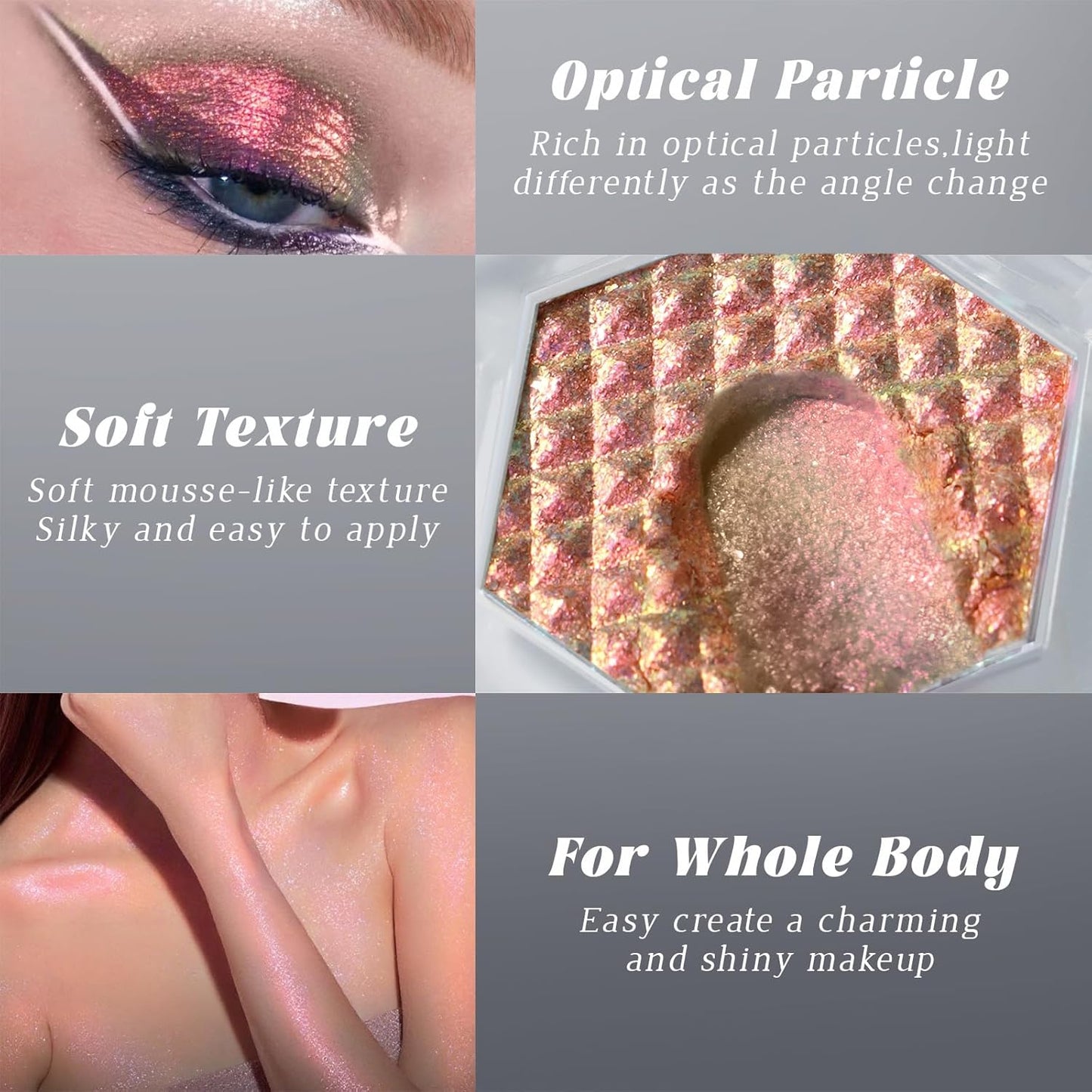 Chameleon Rose Gold Glitter Eyeshadow, Cream to Powder Shimmer Multichrome Single Eyeshadow, Sparkling Holographic Color Shifting Eye Brightener Highlighter Makeup Palette 03