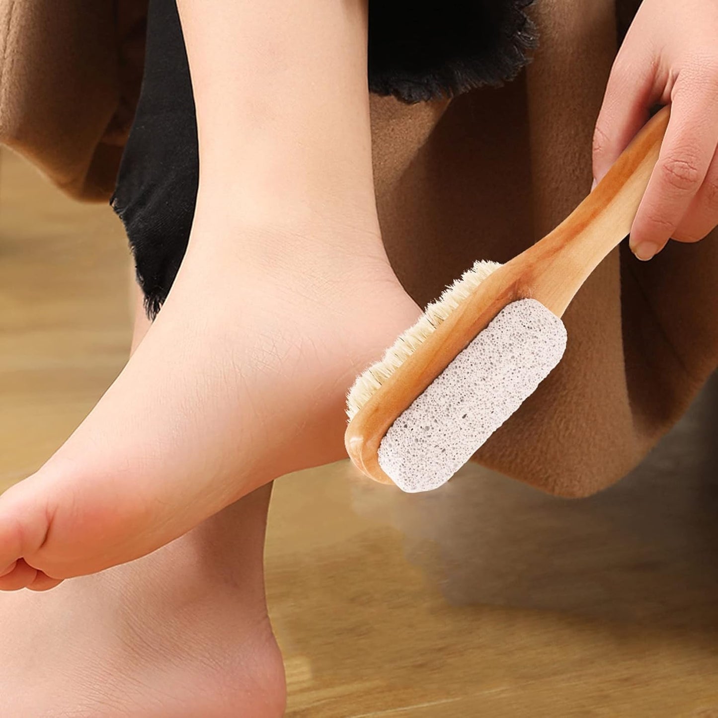 Foot Natural Bristle Brush & Pumice Stone Combo W/Rope wooden handle - Exfoliator Pedicures Calluses Remover - Smoother Body skin, feet, elbow Scrubber for Massage SPA Sauna and more