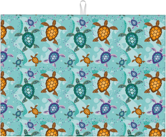 Cute Sea Turtle Beach Dish Drying Mat for Kitchen Counter Absorbent Reversible Ocean Themed Decorative Drying Pad Dark Kitchen Decor Dish Drainer Rack Mats 18"x24"