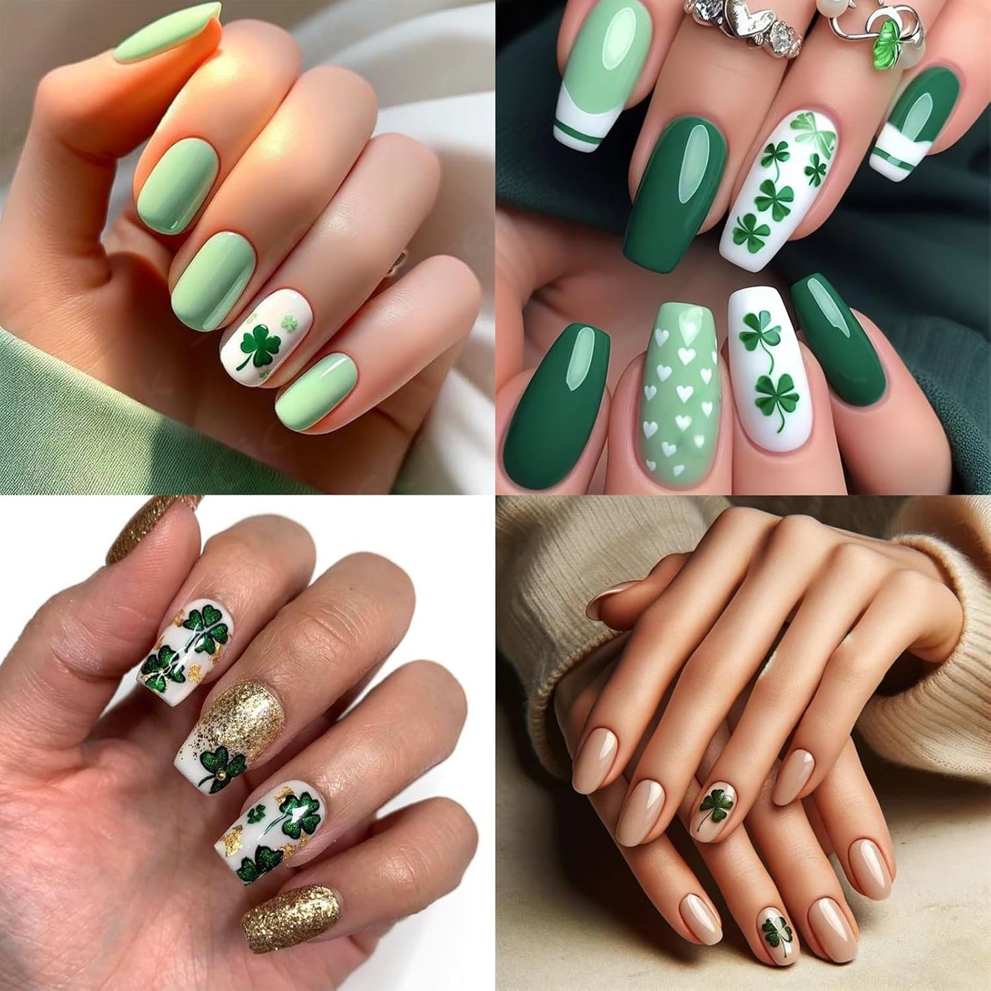 2 Sheets Irish Four-Leaf Clover Nail Art Stickers St. Patrick's 5D Self-Adhesive Embossed Green Shamrock Nail Decals Design Lucky of Irish Spring Leaf Nail Supplies for Women Nail Decoration