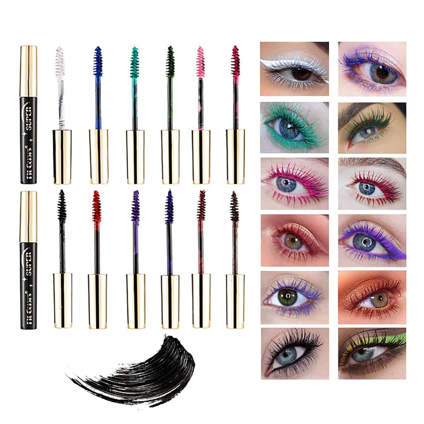 Colored Mascara Sets - 12 Waterproof Colors, Pink, Purple, Blue, White, Black Voluminous & Long Lasting Gift Set