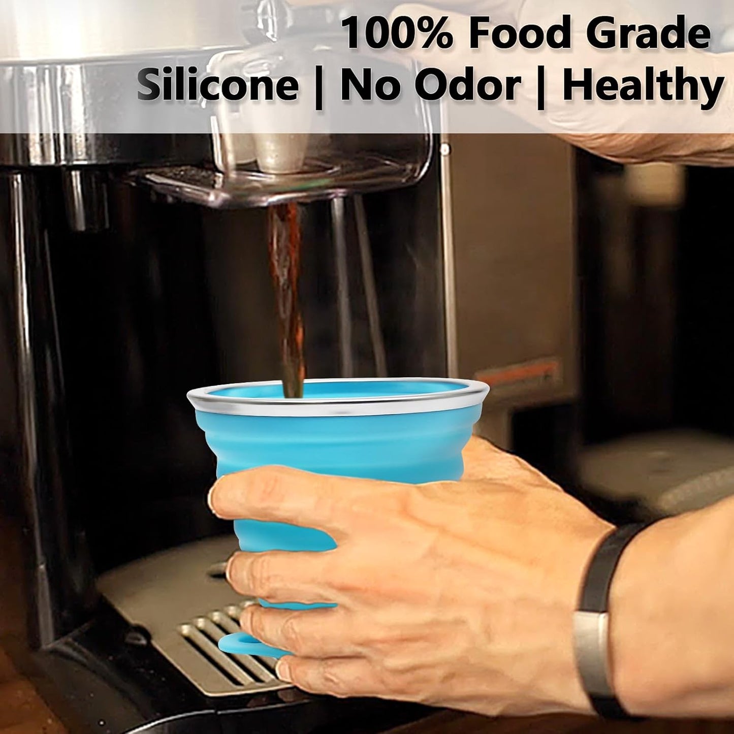 Litoexpe 4 Pack Silicone Collapsible Travel Cup Portable Folding Camping Cup Sets with Lids, Orange & Blue & Coffee & Purple, Capacity 9.22oz (270ml)