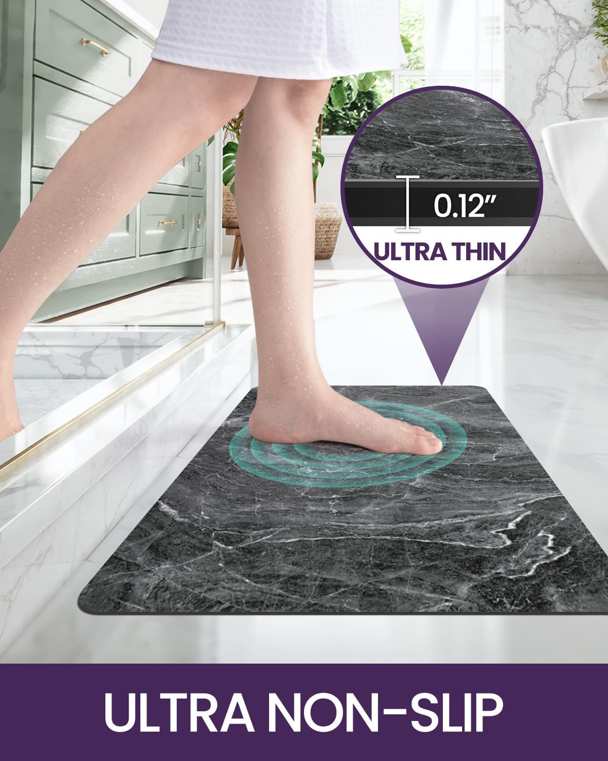 DEXI Bath Mat 17x43, Non Slip Quick Dry Rugs, Super Absorbent Ultra Thin Marble Bathmat, Washable Rubber Mats for Shower Floor, in Front of Bathtub, Sink, Bathroom Accessories Decor, Dark Grey