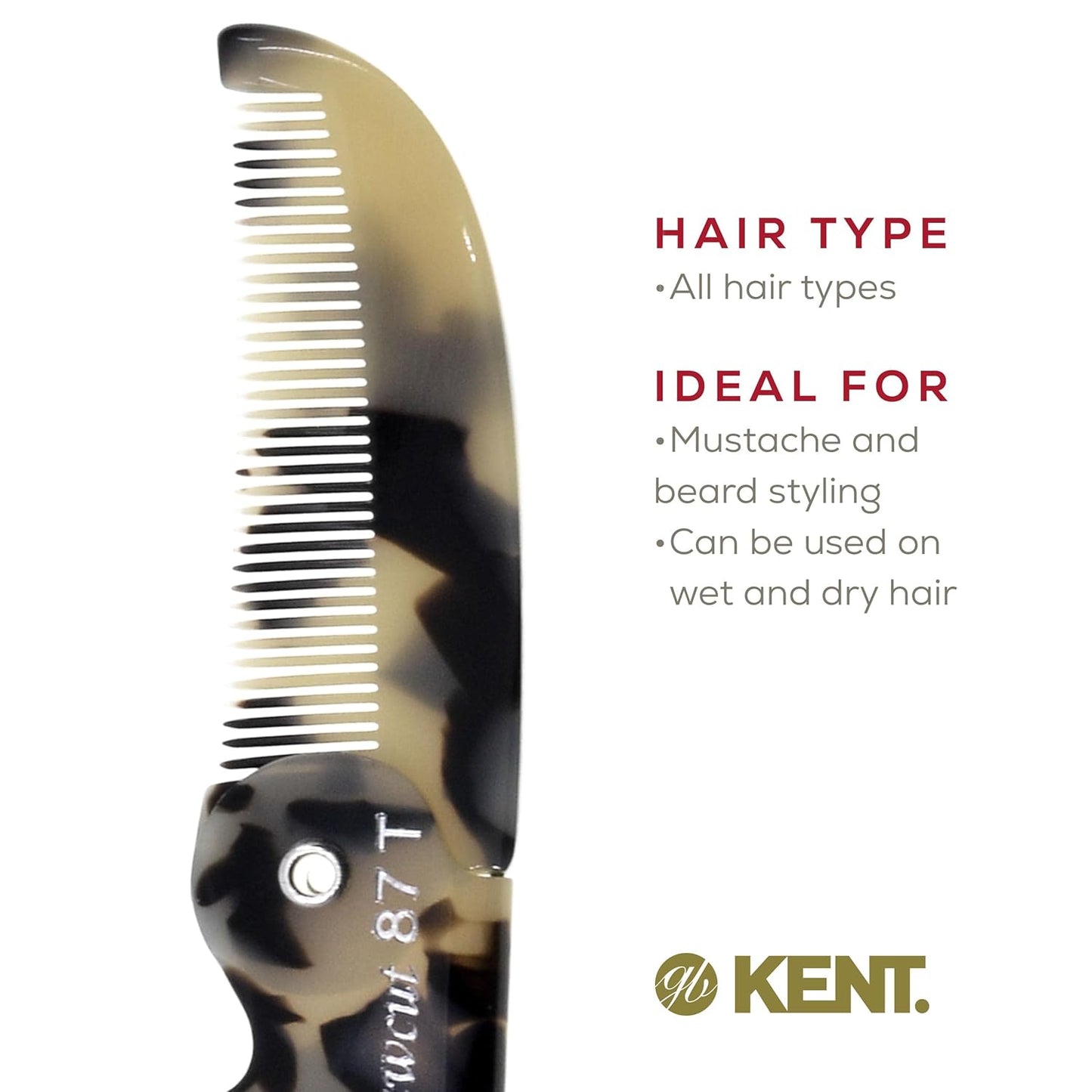 Kent 87T TW Handmade Folding Pocket Comb for Men, Fine Tooth Hair Comb Straightener for Everyday Grooming Styling Hair, Beard or Mustache, Use Dry or with Balms, Saw Cut Hand Polished, Made in England