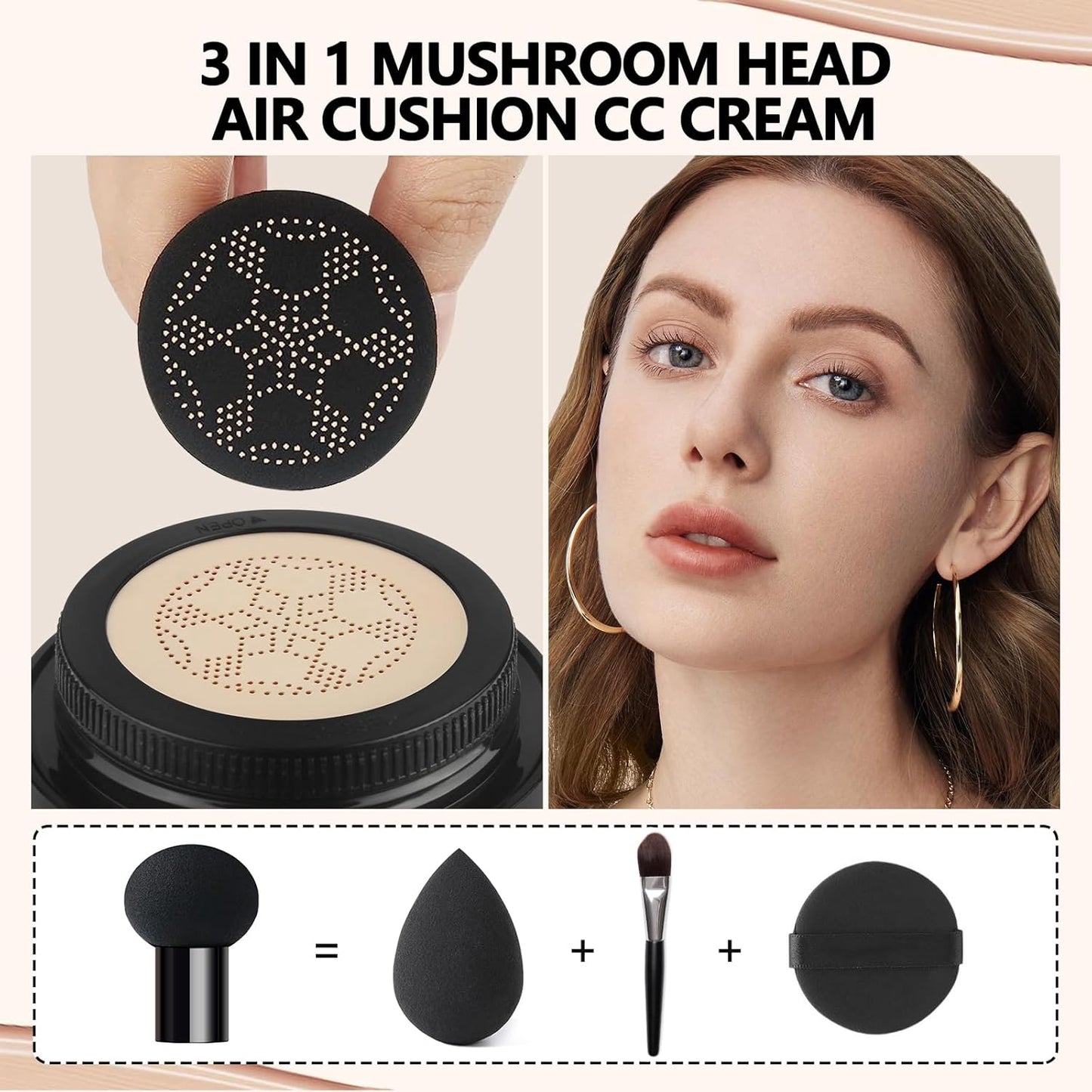 Mushroom Head Air Cushion CC Cream Full Coverage,Face Makeup Cushion Foundation Long Lasting,BB Cream Even Skin Tone for Oily & Combination Types(#05 Sand)