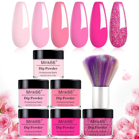 6 Colors Dip Powder Set, Pink Glitter Christmas Dipping Powder Color Set, Glossy Nail Art Manicure DIY Salon Home Gift for Ladies (YYSDDPS-No.10-6PCS)