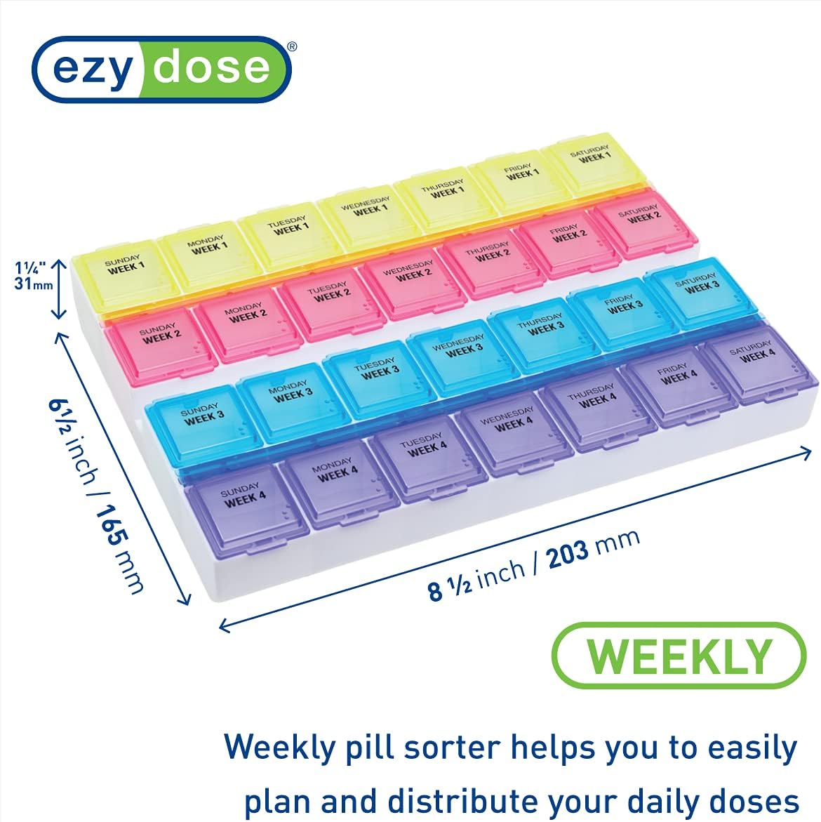 EZY DOSE Monthly (28-Day) Pill Case, Daily Medicine Planner, Vitamin Organizer, Supplement Container, One Month, Large Contoured Compartments, Convenient and Easy to Use, Colored Lids, BPA Free