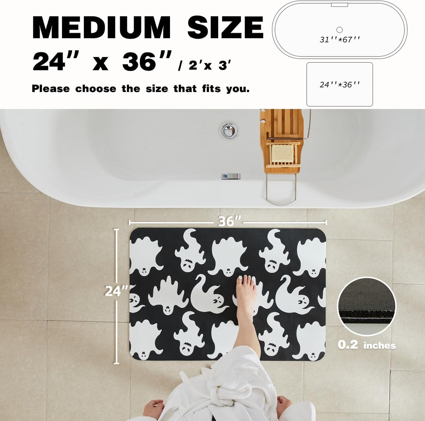 Halloween Bath Mat, Thin Halloween Bathroom Rug Non Slip Quick Dry Ghost Bath Mat Fits Under Door Thin Floor Mat Halloween Decor, 24''x36'', Spooky Ghosts Black