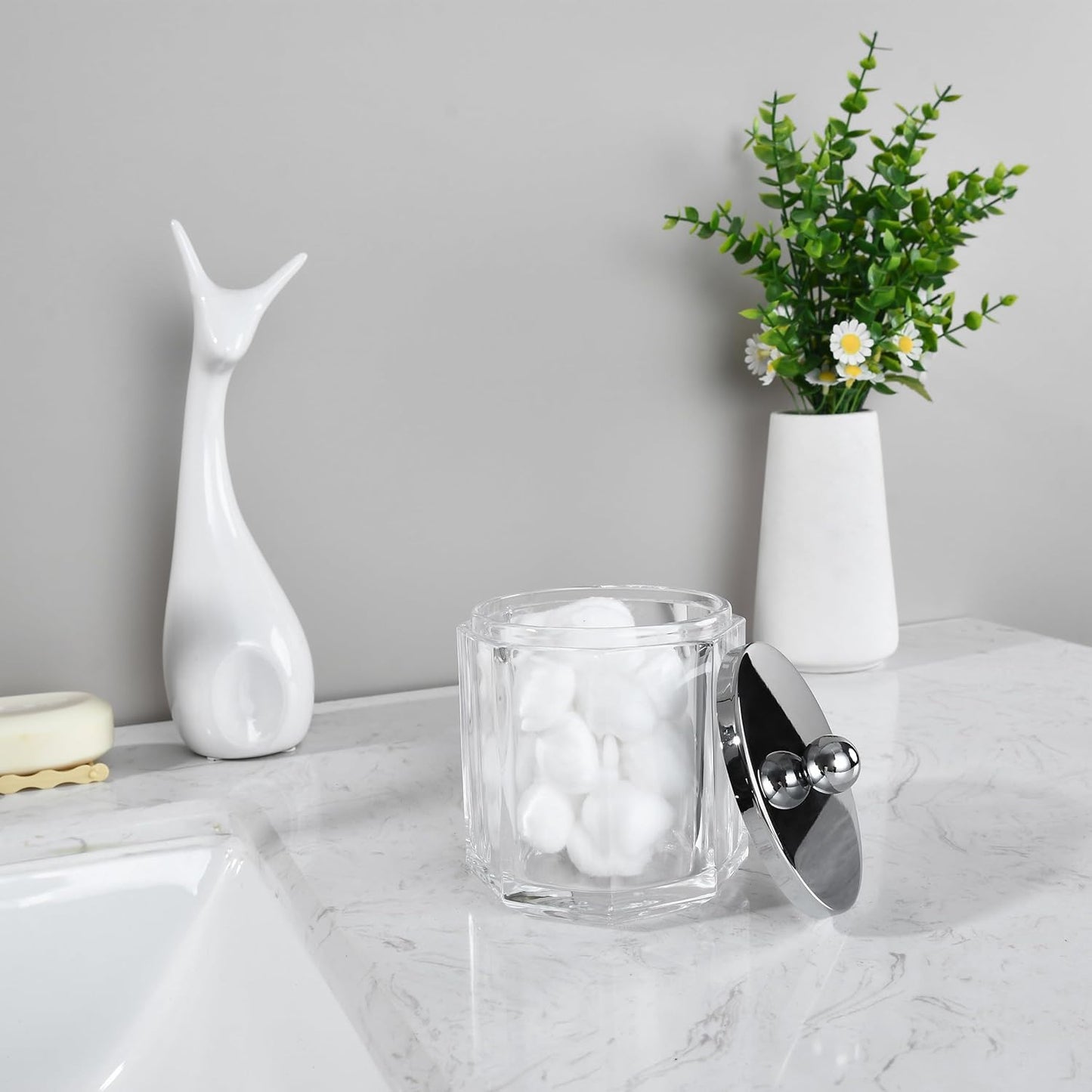 Home Glass Cotton Jar Holder with Lid, Elegant Bathroom Storage Canister for Qtips, Cotton Balls, Floss, Makeup Organizer, Vanity Bathroom Organization