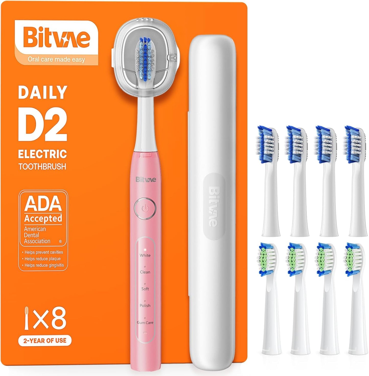 Bitvae Ultrasonic Electric Toothbrush for Adults and Kids, ADA Accepted Travel Electric Toothbrush with Rechargeable 60-Day Battery Life, 8 Heads, 5 Modes, Case/Holder, Quartz Pink
