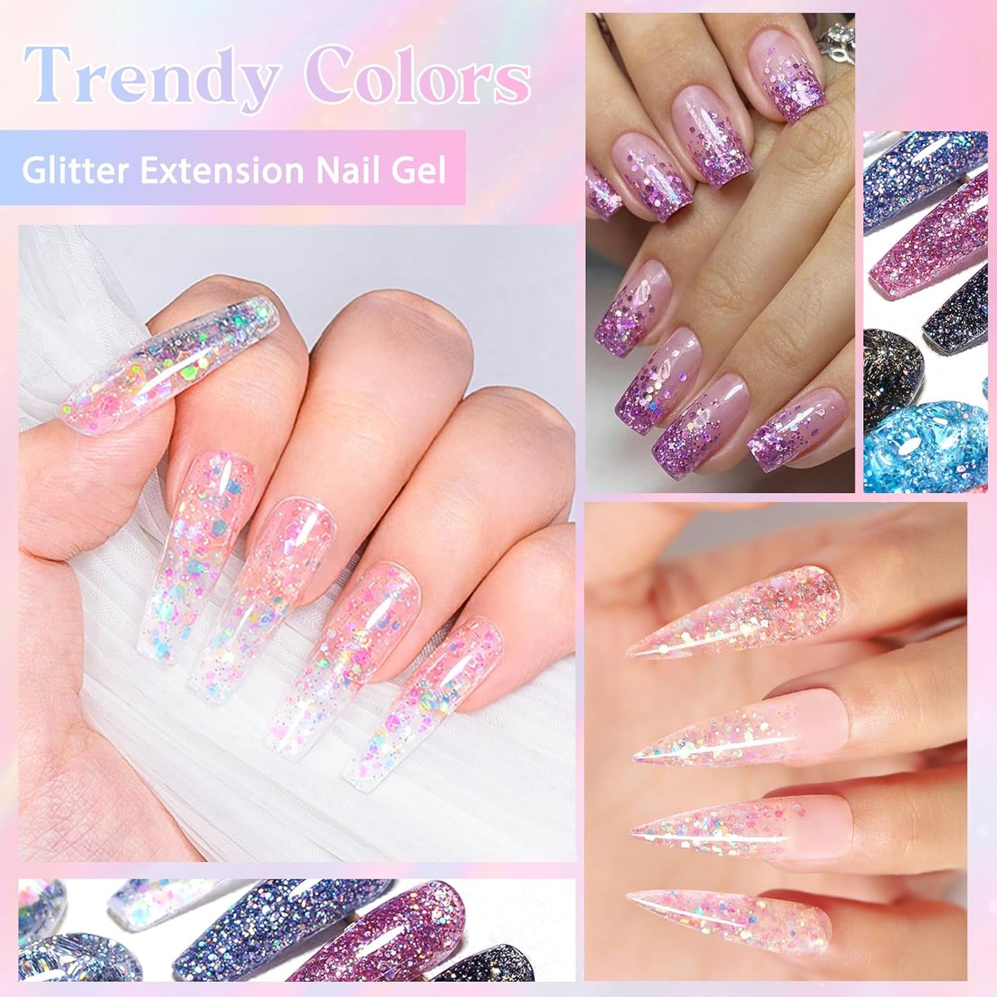 MEET ACROSS Poly Nail Gel Kit - 6 Colors Long-Lasting Glitter Poly Extension Gel, Shiny Sequins Builder Extension Nail Gel Set, Soak Off UV LED Nail Art at Home Salon