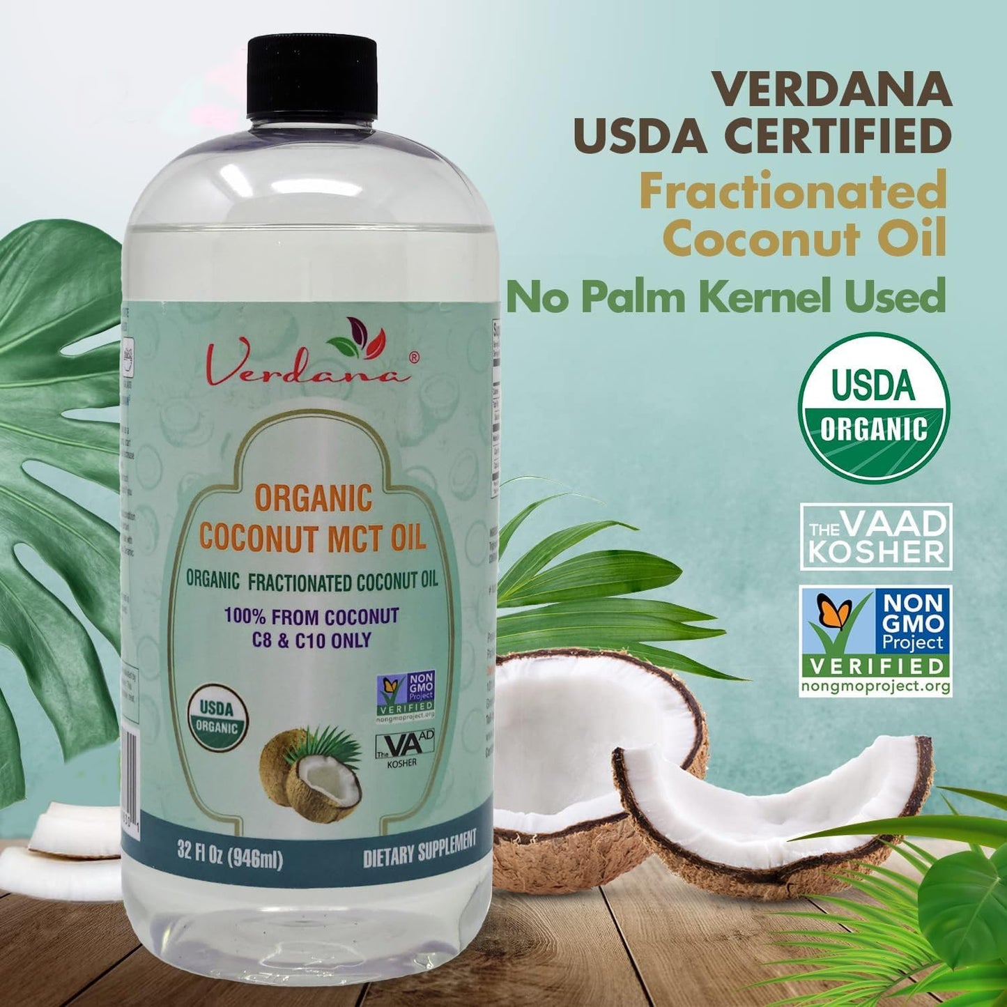 Verdana Organic MCT Oil – 32 Fl Oz Dietary Supplement – 100% Coconut Derived, Fractionated, Food Grade – For Oil Pulling, Keto Coffee, Oral Rinse, Massage & Aromatherapy – Vegan, Non-GMO, Kosher
