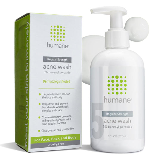humane Benzoyl Peroxide Acne Face Wash - 5% Regular-Strength Acne Treatment for Face, Skin, Back and Body - 8 Fl Oz - Dermatologist-Tested Non-Foaming Cleanser - Vegan, Cruelty-Free