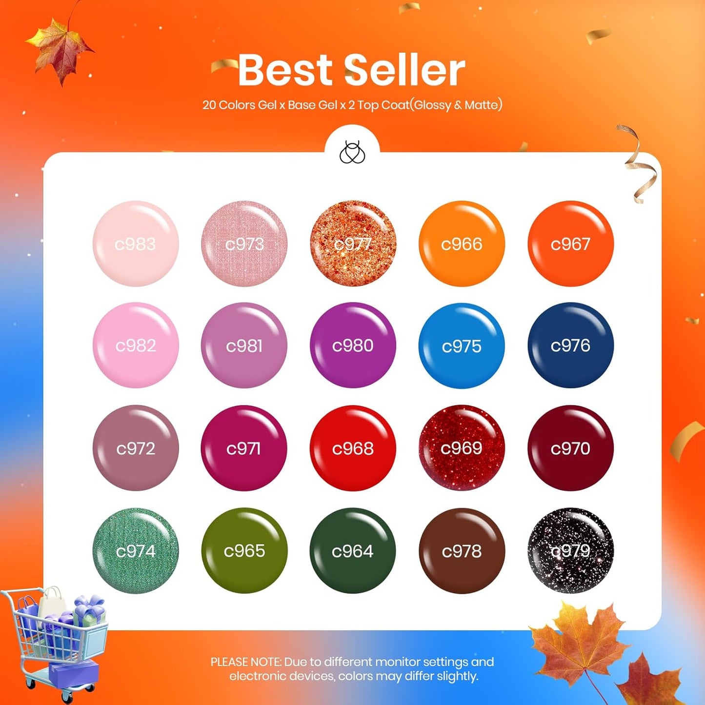 Beetles Fall Gel Nail Polish Set - Fall Yard Gel Polish Kit, 20 Color Orange Burgundy Red Navy Blue Glitter, Soak Off LED UV with Base Top Coat Nail Art Manicure Gift for Women