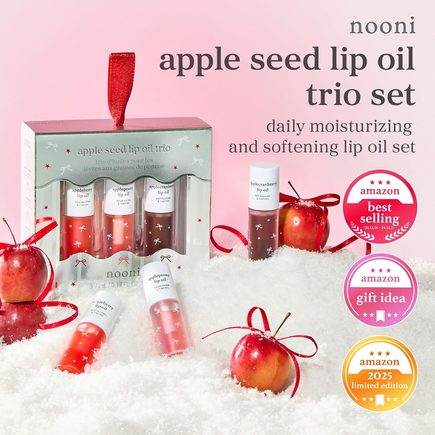 NOONI Korean Lip Oil Gift Set - Apple Seed Lip Oil Trio | Korean Lip Stain Long Lasting Hydration, Moisturizing, Glowing Korean Lip, Plumping, Gift for holiday, Christmas, 0.12 Fl. Oz. x 3ea