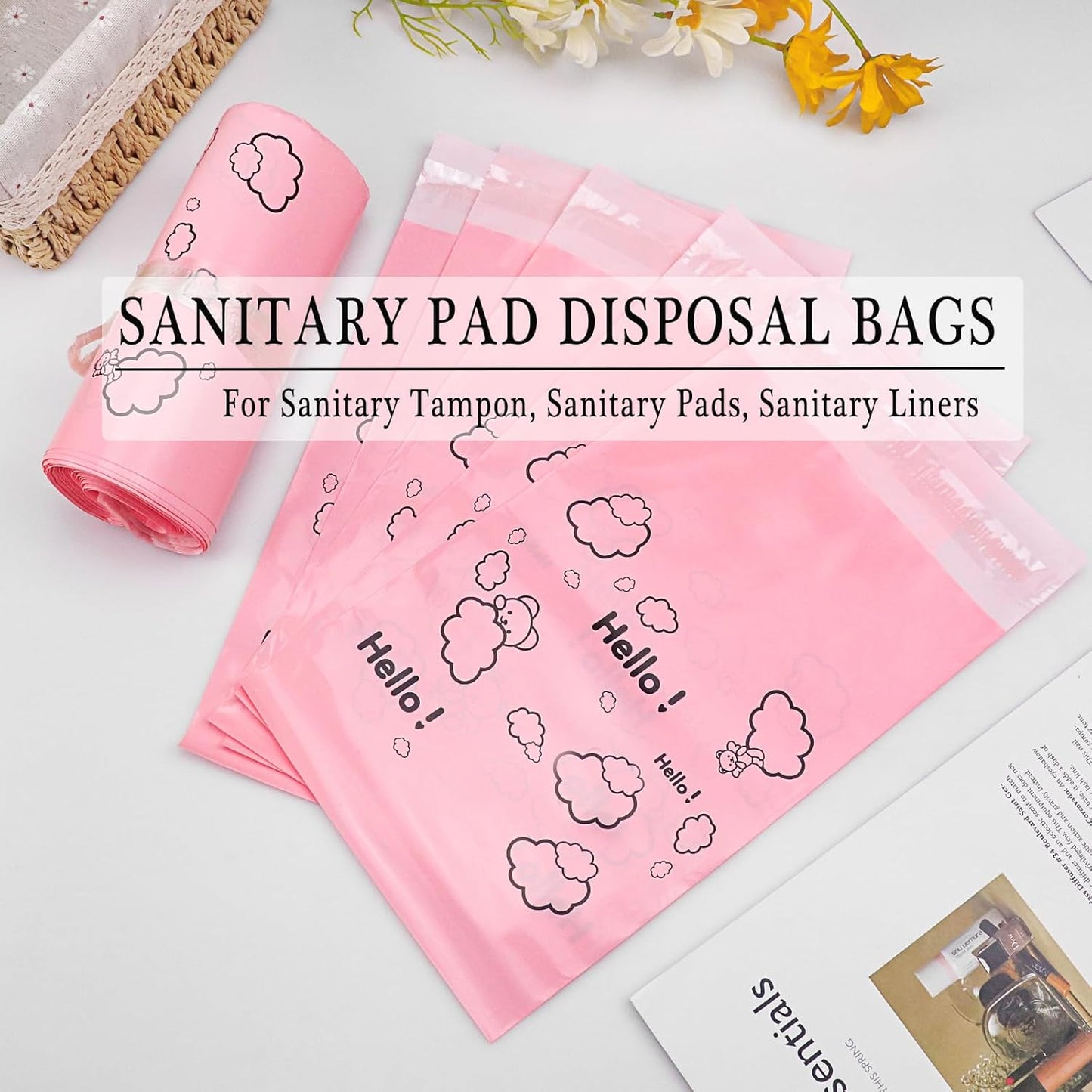 Cute Pink Sanitary Pad Disposal Bags - Pack of 200, 7x12inches Opaque Feminine Hygiene Disposal Bags for Tampons, Liners