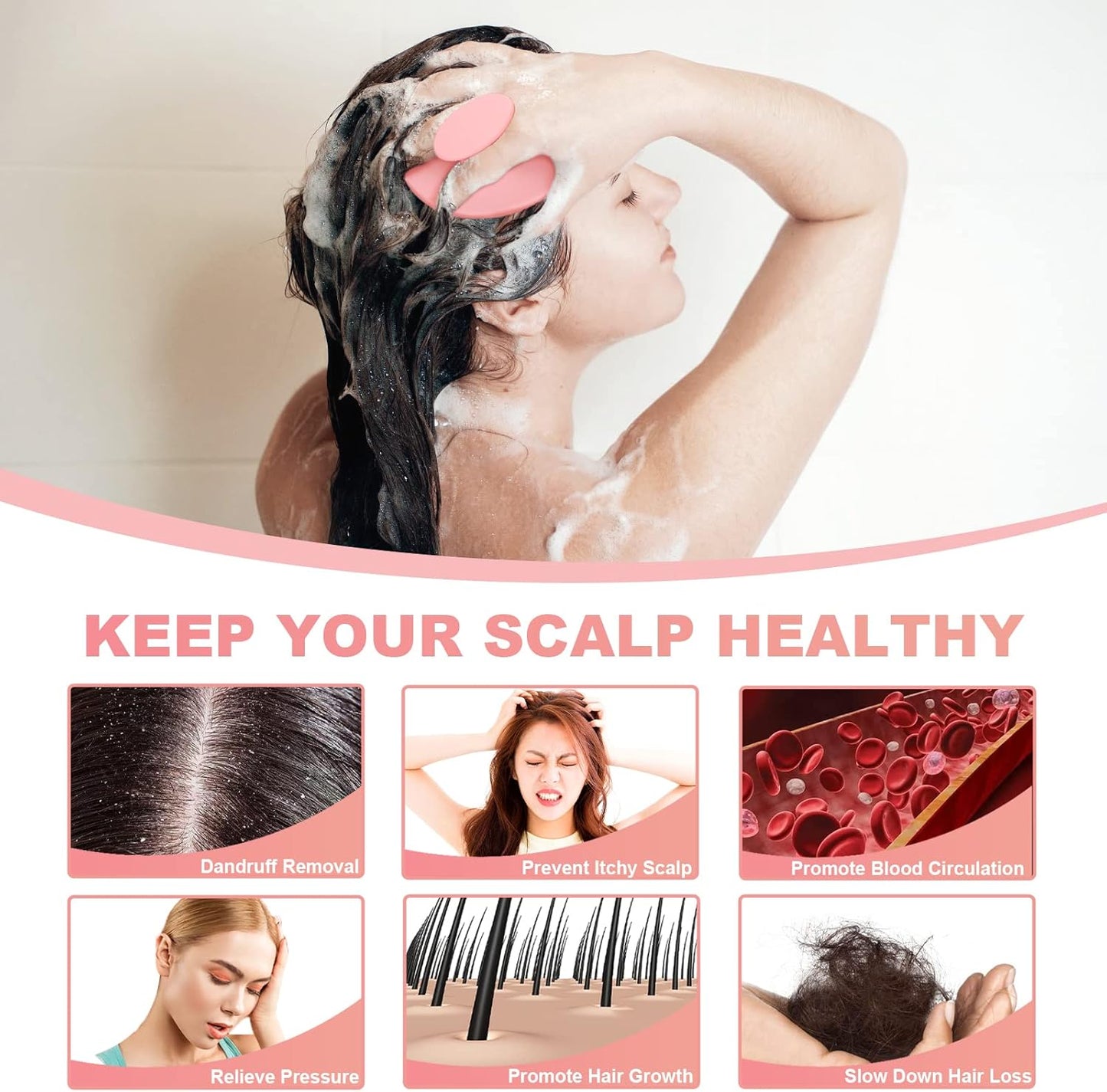 Silicone Scalp Massager Shampoo Brush, Scalp Brush for Hair Growth & Dandruff Removal, Hair Scrubber Scalp Stimulator Exfoliator Brush with Soft Bristles for Wet Dry Scalp Care (Pink)