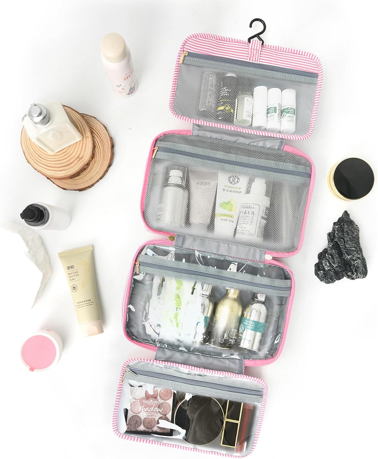 Travel Toiletry Bag for Women Chenille Letter Cosmetic Bag Fashion Stripes Water-resistant Makeup Bag with Hanging Hook for Store Toiletries Cosmetic Accessories Large Capacity Pink