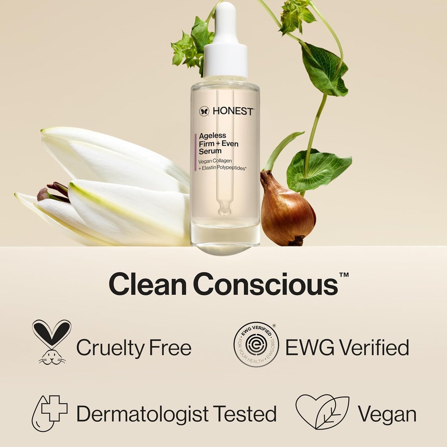 Honest Beauty Ageless Firm and Even Serum | Powered by Vegan Collagen and Elastin Polypeptides | Firmer-Looking Skin and Even Tone | Fragrance Free, EWG Verified, Vegan, Cruelty-Free | 1 fl oz