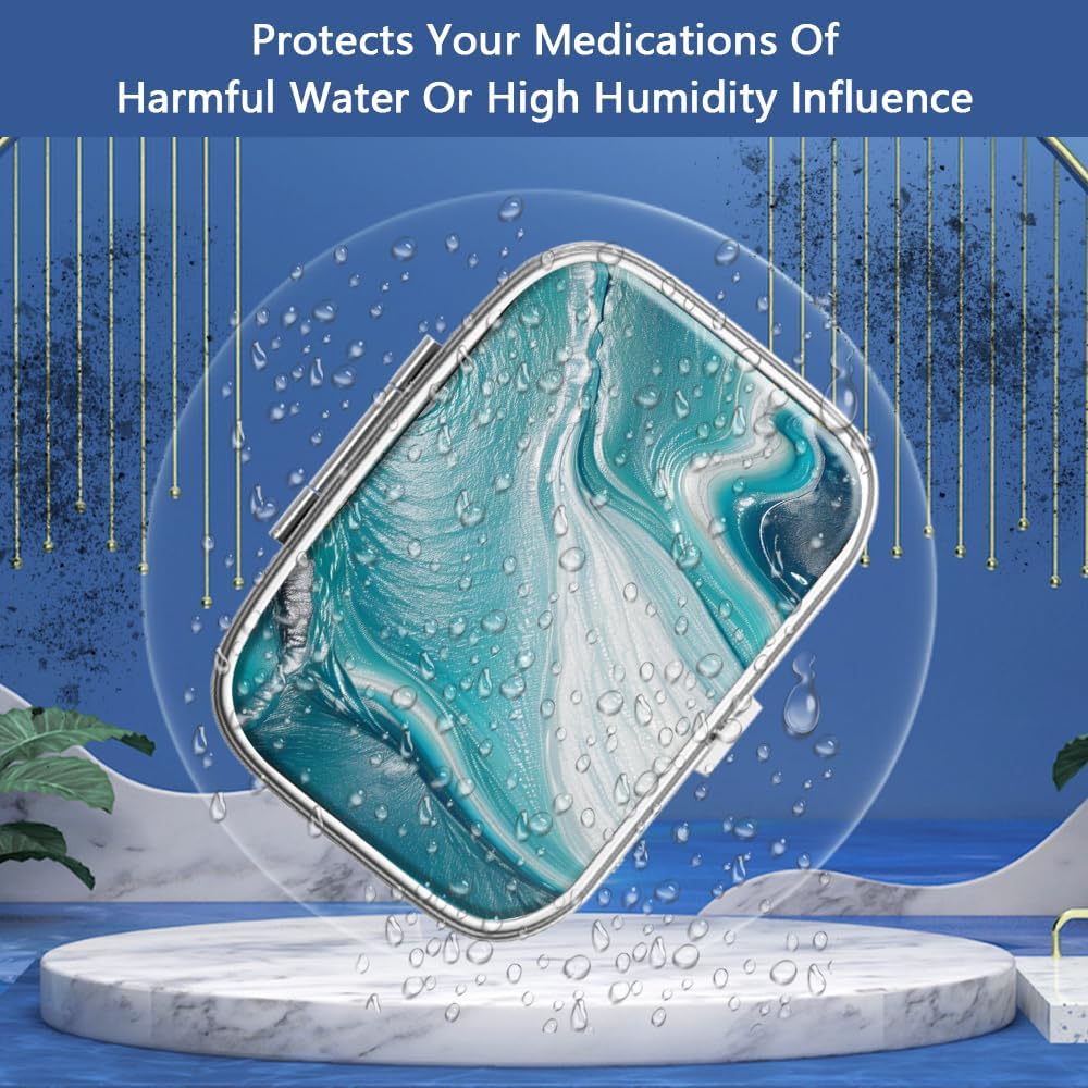 Pill Box 2 Compartment Small Pill Case,Portable for Pocket or Purse Pill Organizer Pill Container Holder to Hold Vitamins, Medication, Fish Oil and Supplements(Ocean Marble)