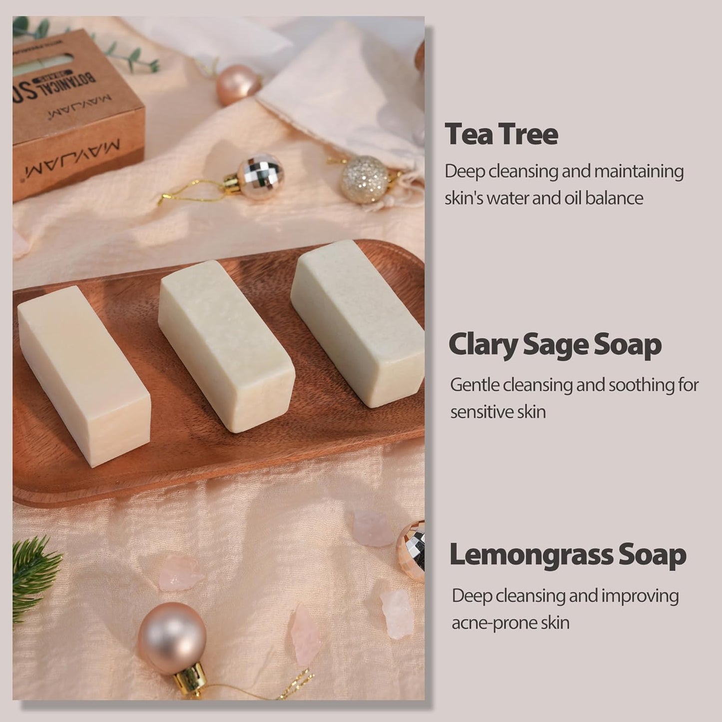 Natural Bar Soaps with Shea Butter,Body Botanical Soap Bars Variety Soap:3 Pack Scent Clary Sage,Lemongrass,Tea Tree Soap Bars,Antibacterial Bath Soap for Men&Women All Skin Body Wash Gift
