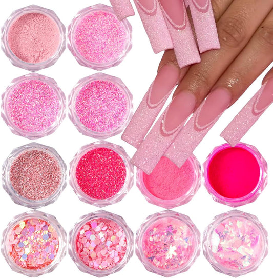 Pink Nail Glitter Powder, 12pcs Nail Art Sequins Dust Set, Holographic Paillette Sparkle Flakes for Acrylic Tips Manicure Decorations