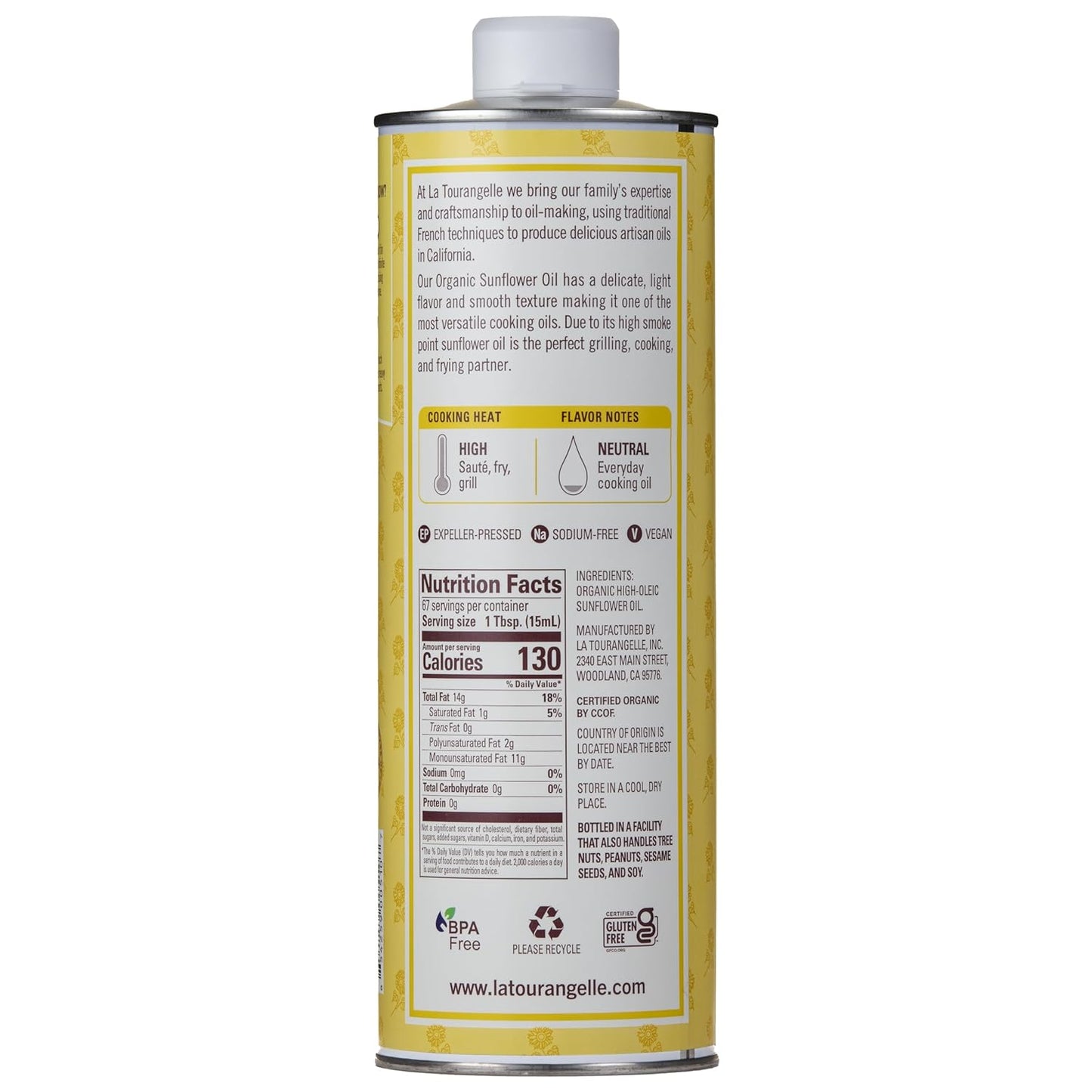 La Tourangelle, Organic High Oleic Sunflower Oil, Neutral Oil For Medium to High Heat Cooking and Skin Care, Non GMO, Pesticide and Chemical Free, 33.8 Fl Oz