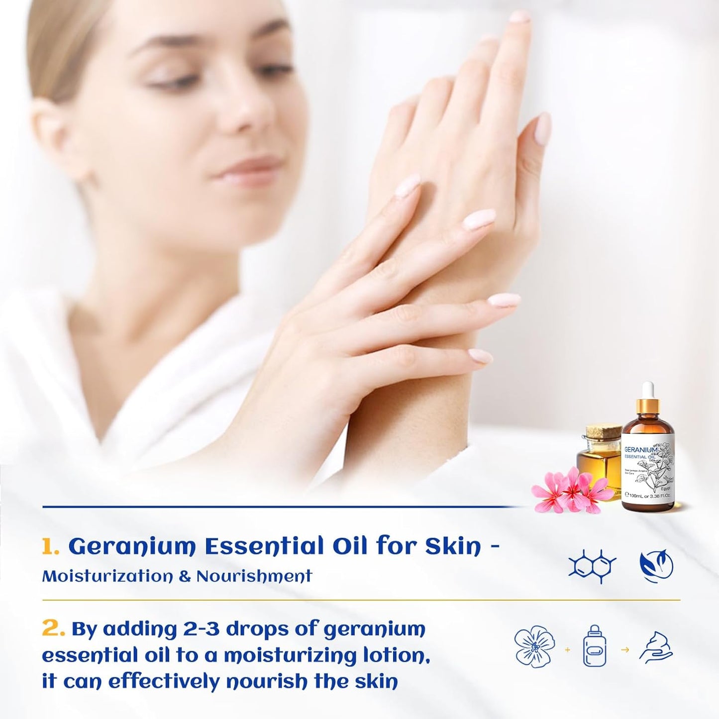 HIQILI 100ML Geranium Essential Oil for Skin, Diffuser & Candle, 100% Pure and Natural - 3.38 Fl Oz