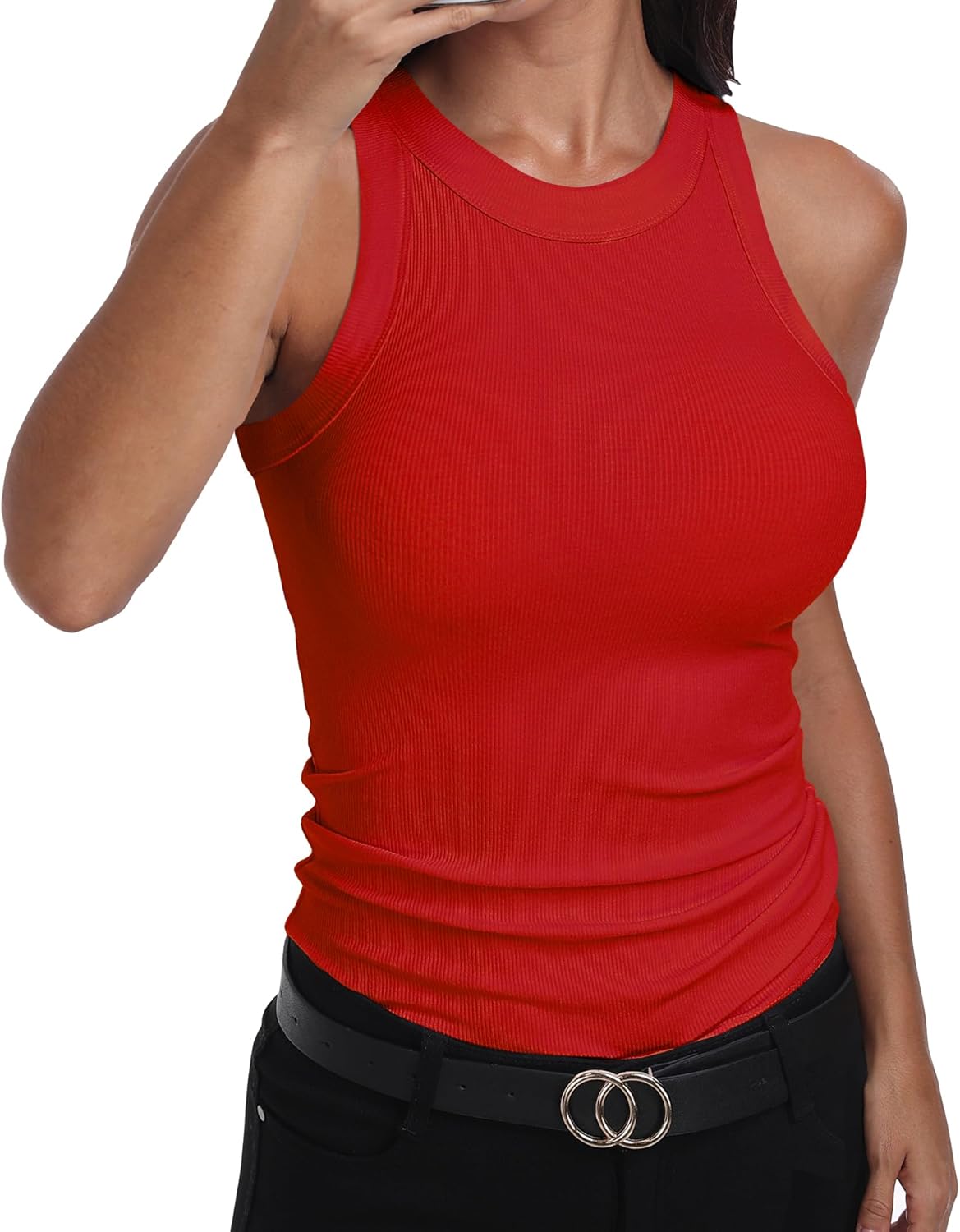 GEMBERA Womens Sleeveless Racerback High Neck Casual Basic Cotton Ribbed Fitted Tank Top