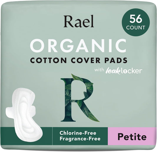 Rael Pads for Women, Organic Cotton Cover - Period Pad with Wings, Feminine Care, Sanitary Napkins, Light Absorbency, Unscented, Ultra Thin (Petite, 56 Count)