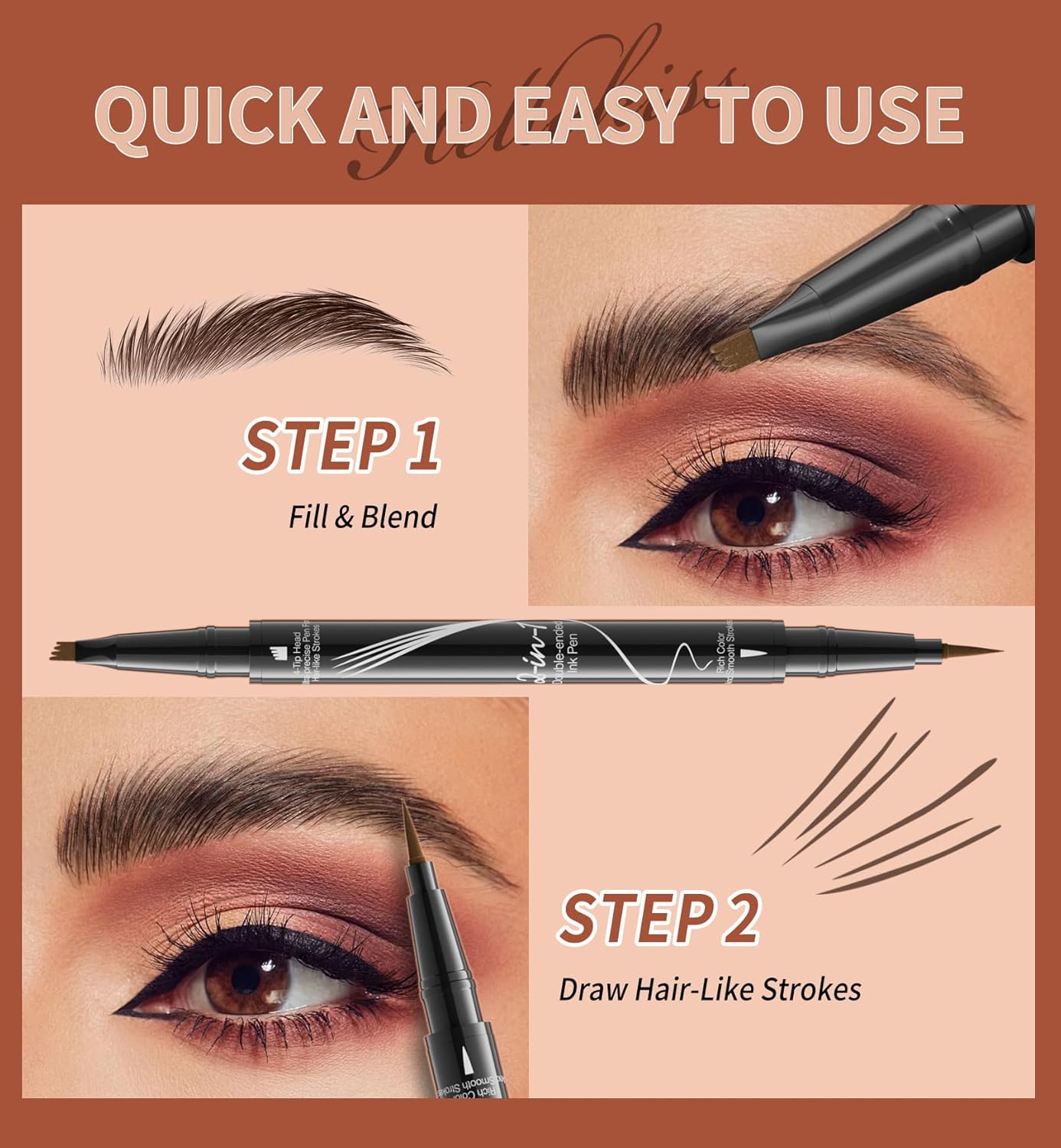 4-Fork Tip Microblading Eyebrow Pen - 2-in-1 Waterproof Eyebrow Pencil, Long-Lasting Natural Hair-Like Brows, Smudge-Proof & Easy to Use (02#Dark Brown)