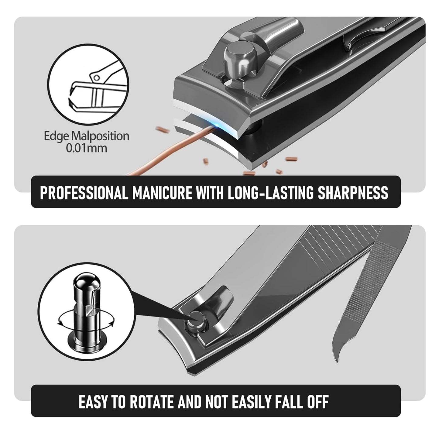 Nail Clipper Set, Sturdy Stainless Steel Fingernails & Toenails Clippers & Nail File, Sharp Effortless Fingernail Toenail Trimmer, Portable Nail Cutter for Women Men（Gray）