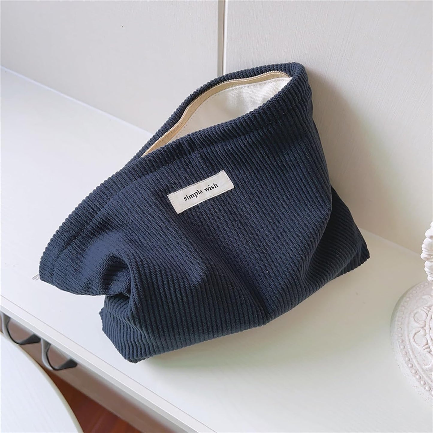 Wudygirl Cosmetic Bags for Women Travel Makeup Bag Aesthetic Women Handbags Purses Large Capacity Corduroy Toiletry Bag Zipper Pouch(Navy Blue)