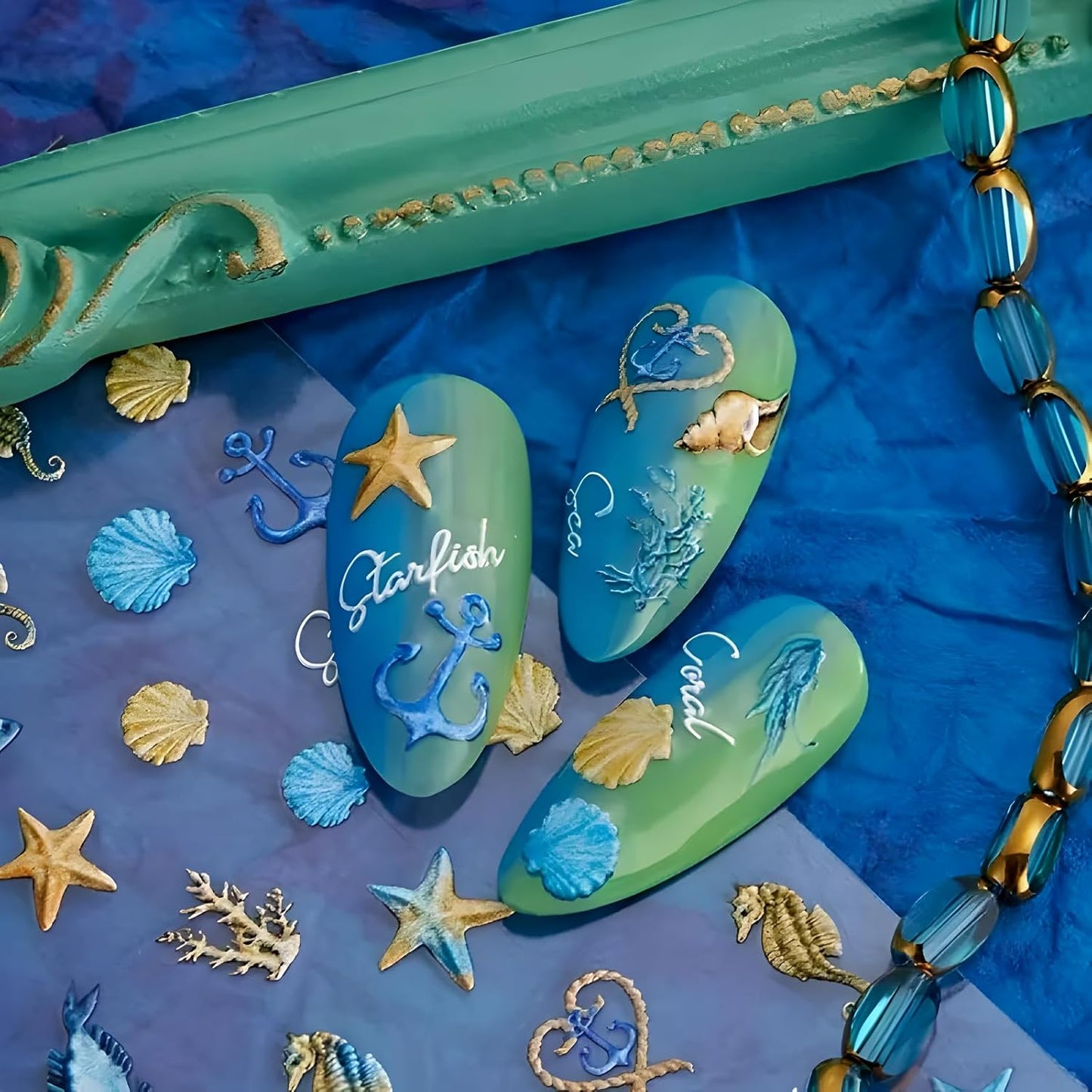 Summer Nail Art Stickers Decals 5D Embossed Self Adhesive Blue Seashell Starfish Nail Stickers Ocean Nail Decals for Nail Art Marine Life Nail Design Decoration Accessories for Women 2 Sheets
