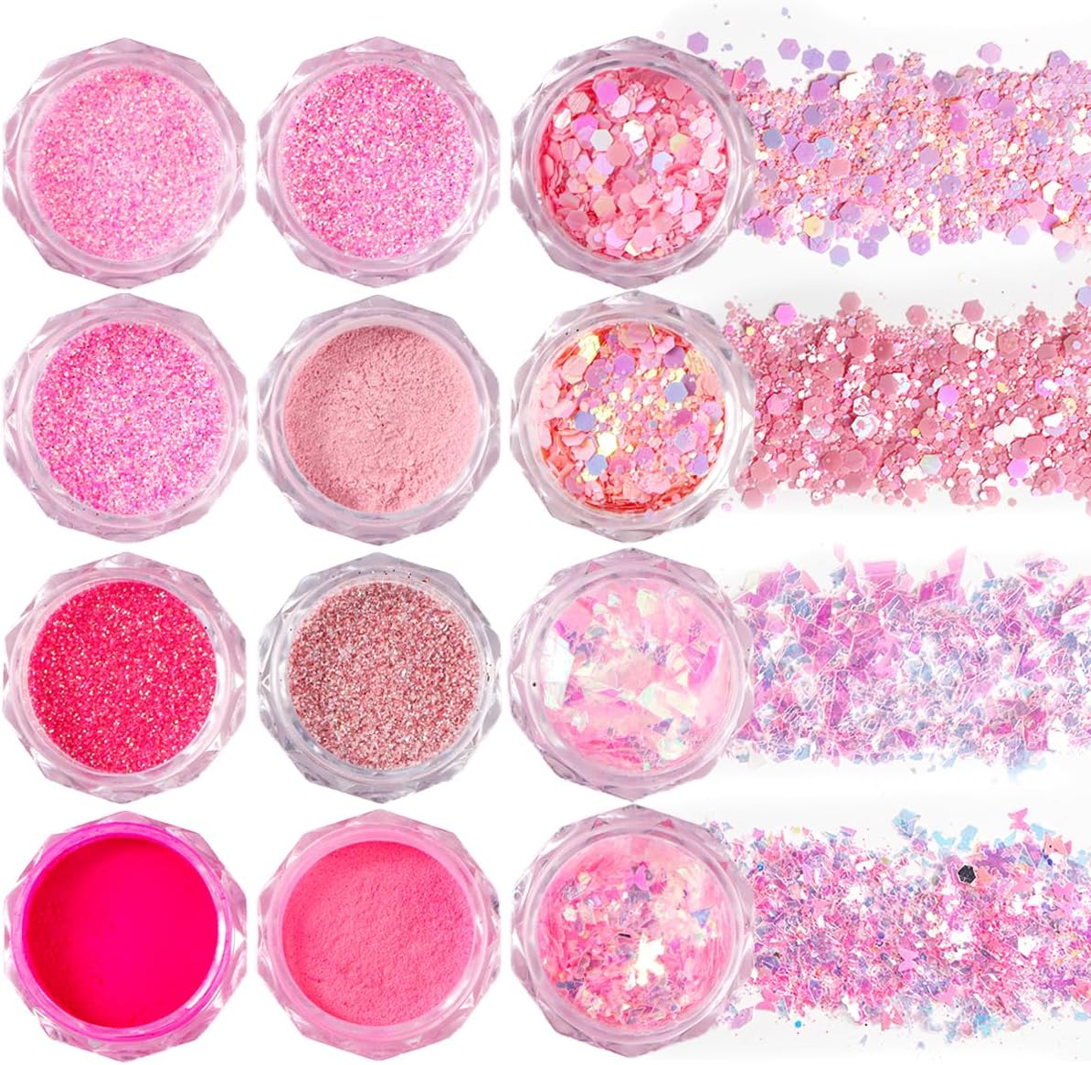 Pink Nail Glitter Powder, 12pcs Nail Art Sequins Dust Set, Holographic Paillette Sparkle Flakes for Acrylic Tips Manicure Decorations