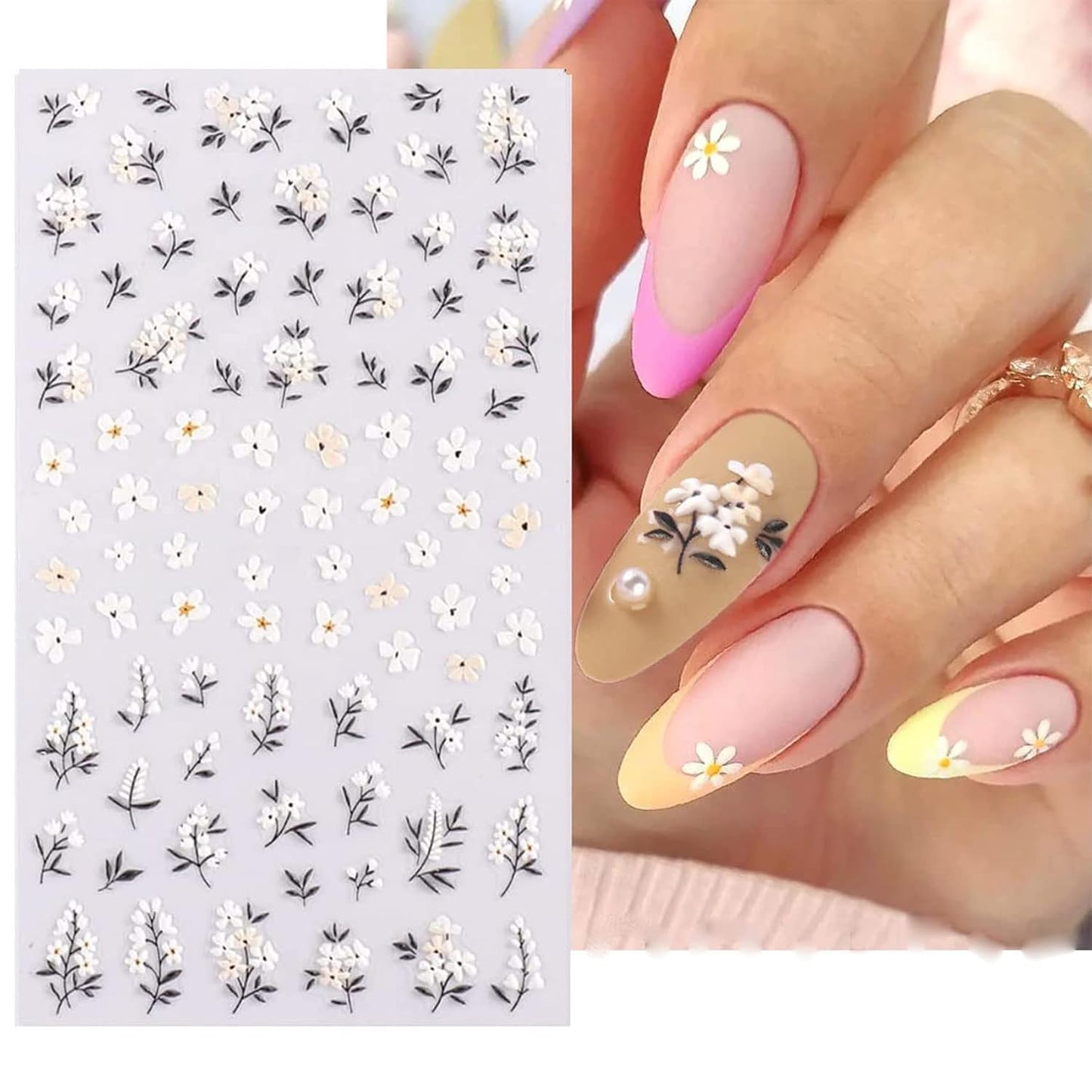TailaiMei Flower Nail Art Stickers, 5D Embossed Colorful Spring Daisy Nail Decals, Self-Adhesive Design for DIY Decoration (3 Sheets)