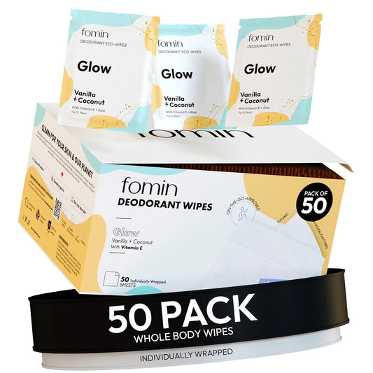 FOMIN Travel Deodorant Wipes - 50 Count - Glowing Coconut and Vanilla - pH Balanced, Hypoallergenic Mini Deodorant Wipes For Women and Men - Plastic-Free, Individually Wrapped Underarm & Body Wipes