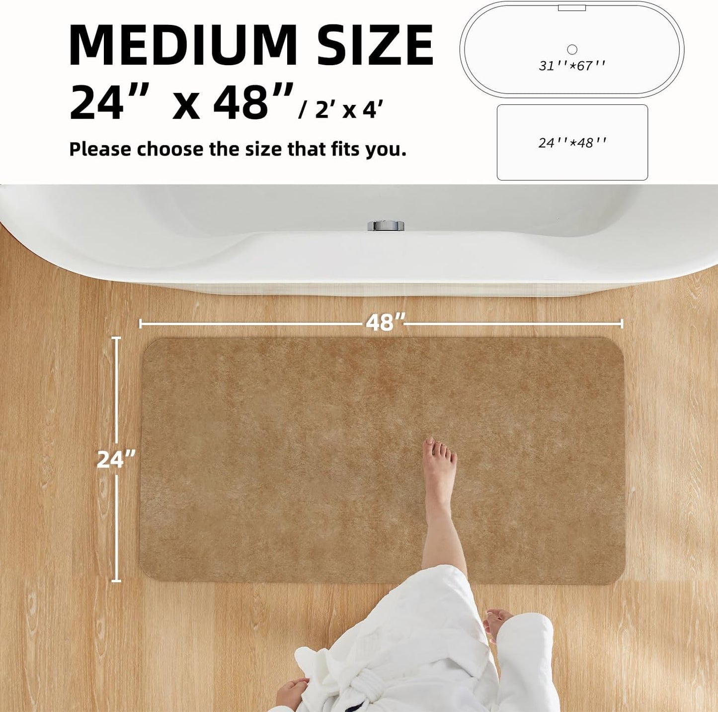 Bathroom Mat Quick Dry, Bathroom Rugs Non Slip Washable Thin Absorbent Bath Mat Fits Under Door Bathroom Floor Mat Perfect for Bath, Shower, or Sink 24"x48" Camel