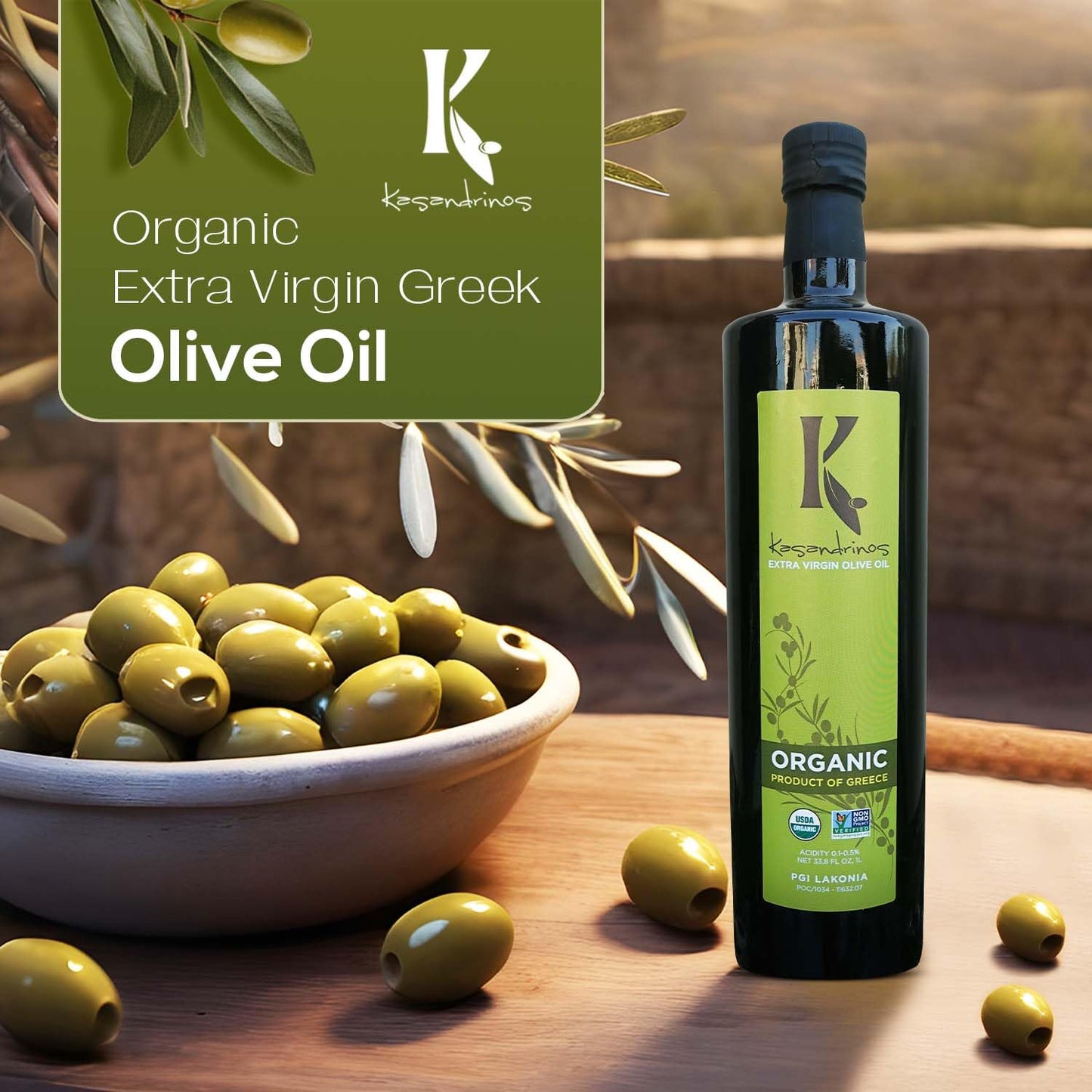 Kasandrinos Organic Olive Oil Extra Virgin, Polyphenol Rich Greek Olive Oil, 100% Organic First Cold Pressed, Mild + Delicate Flavor, Verified by Non GMO, 1 L / 33.8 oz