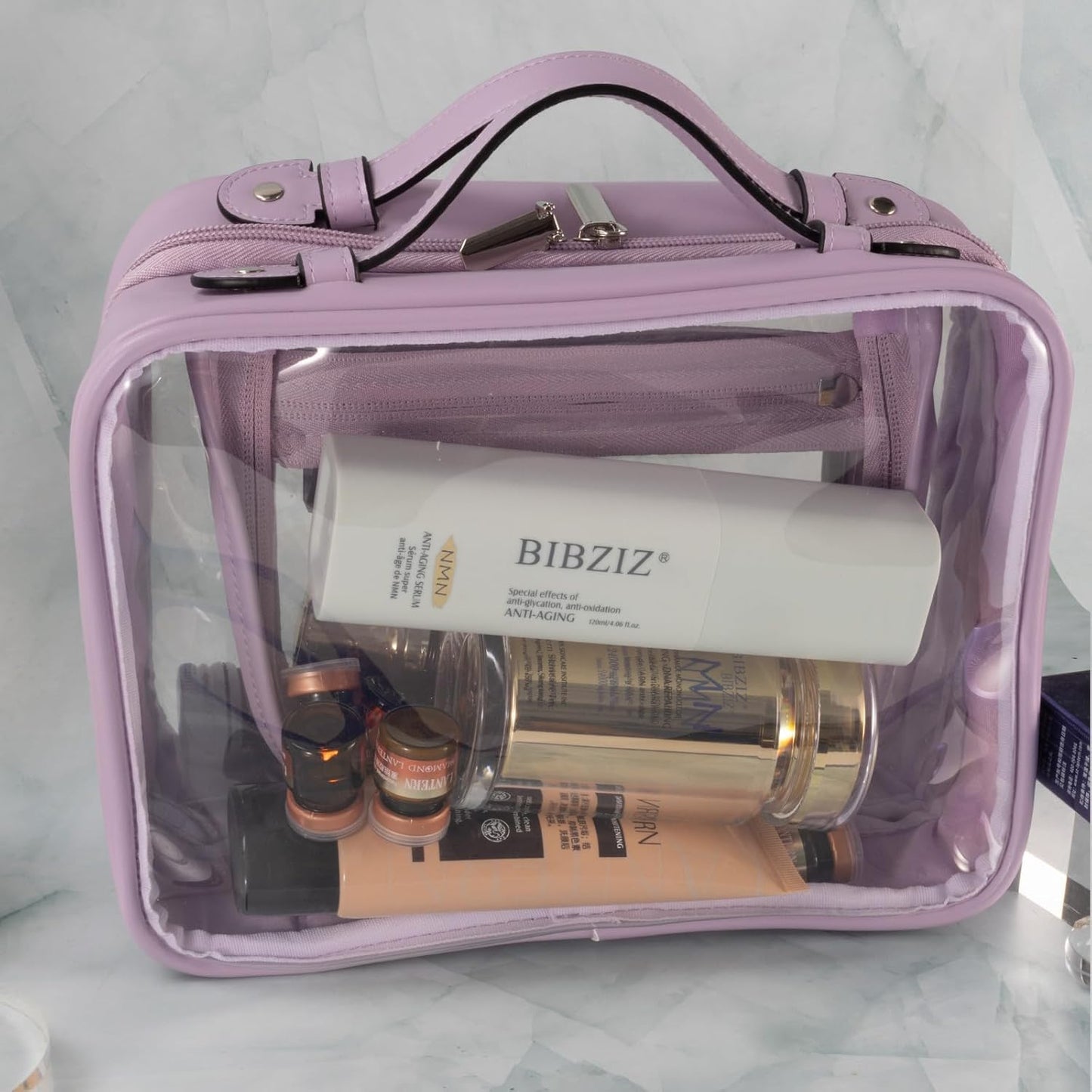 SANHECUN traveling toiletry bag large clear cosmetics case makeup bag Dimensions | LxWxH:10” x 4.5” x 7.5” (Purple, Medium)