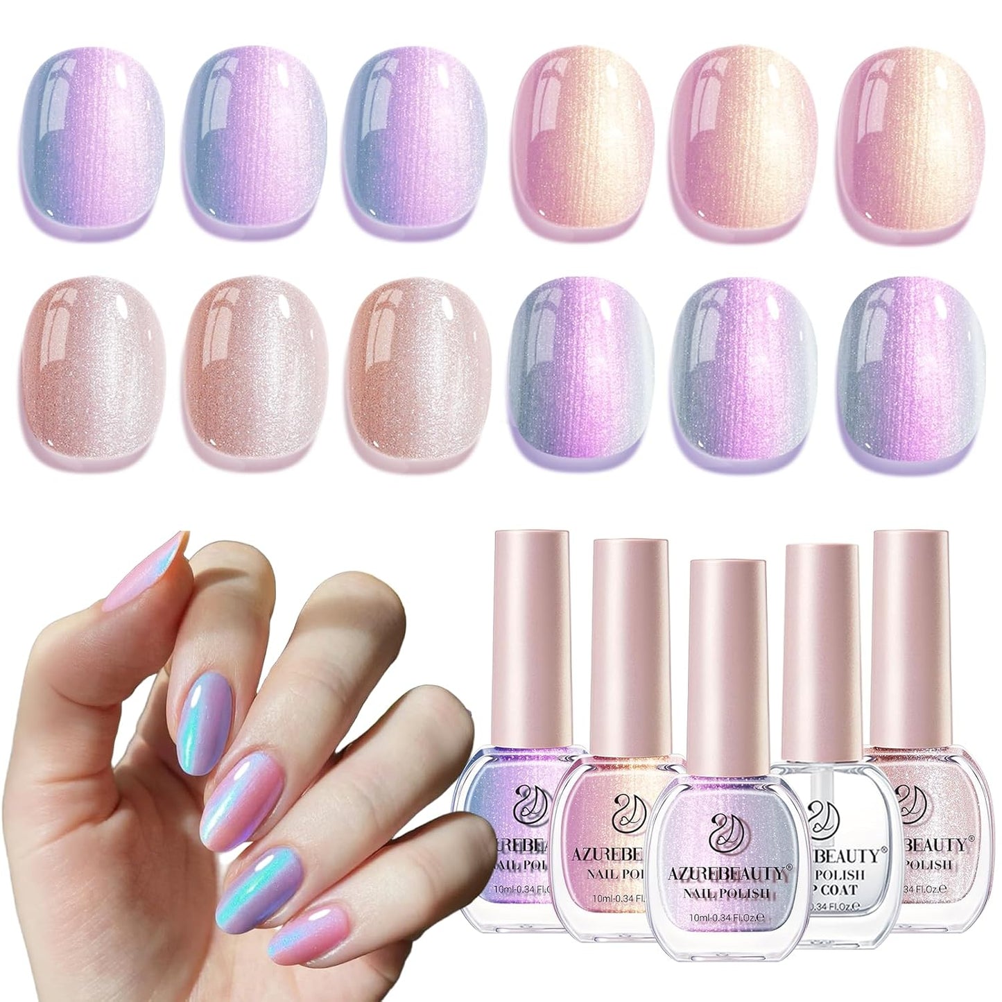 AZUREBEAUTY Nail Polish Set, 4 Colors Pearl Shimmer Blue Pink White Quick Dry Natural Nail