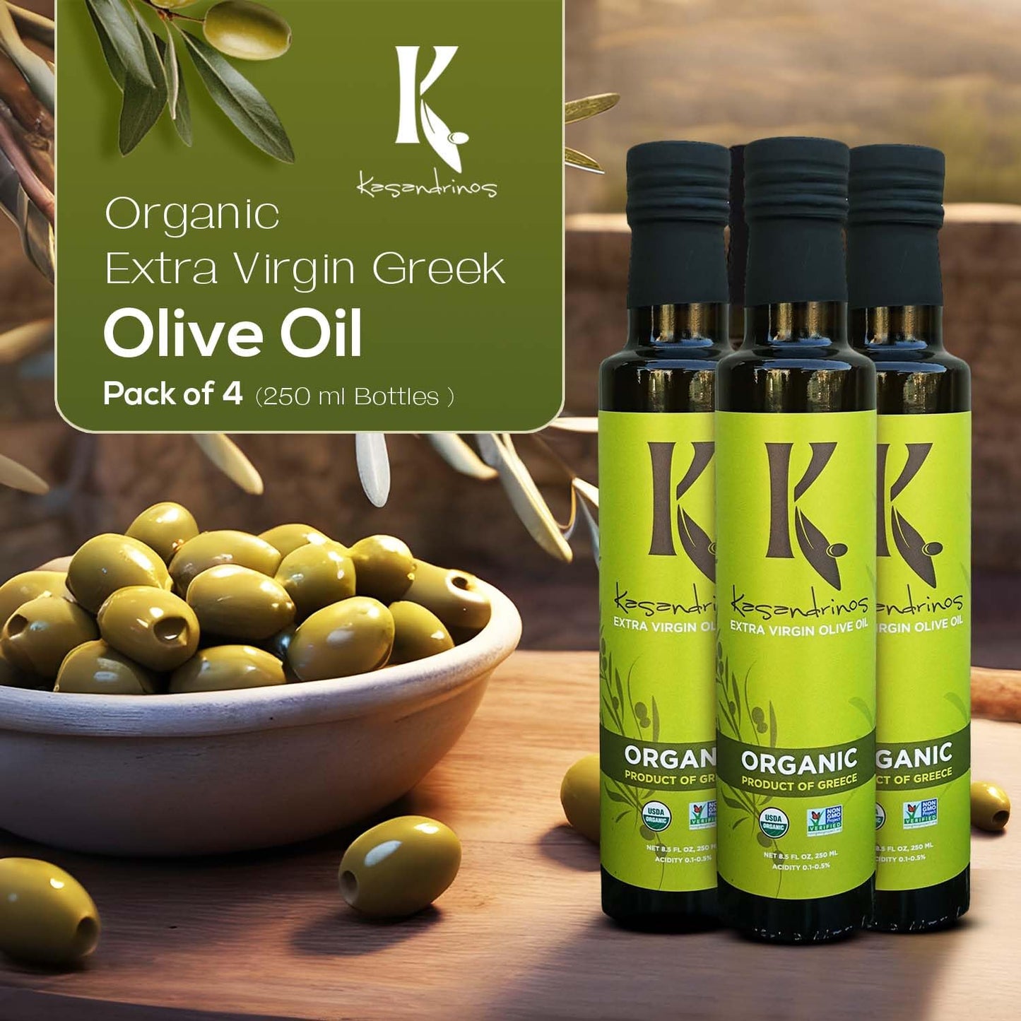 Kasandrinos Organic Olive Oil Extra Virgin, Polyphenol Rich Greek Olive Oil, 100% Organic First Cold Pressed, Mild + Delicate Flavor, Verified by Non GMO, 250/8.5 oz (Pack of 4)