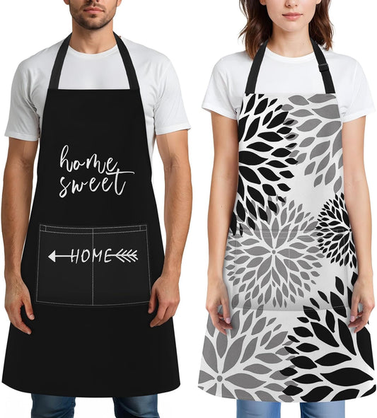 Britimes 2 Pack Aprons, Black Dahlia Flower Adjustable Bib Aprons with 2 Pockets for Women Men Couple Lovers Chef Kitchen Cooking Baking Gardening Home Sweet Apron 32x28 Inches