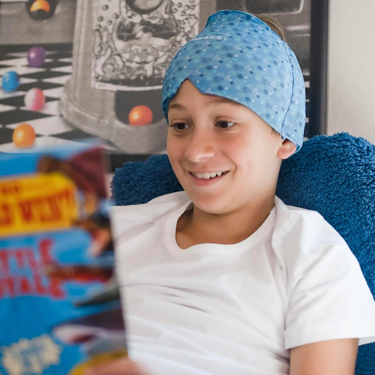 TheraICE Migraine Relief Cap Junior, Soothing Headache Boo Boo Ice Pack Mask Products, Cooling Gel Hat JR, Face Cold Compress Head Wrap for Bumps, Bruises and Cooling temperatures