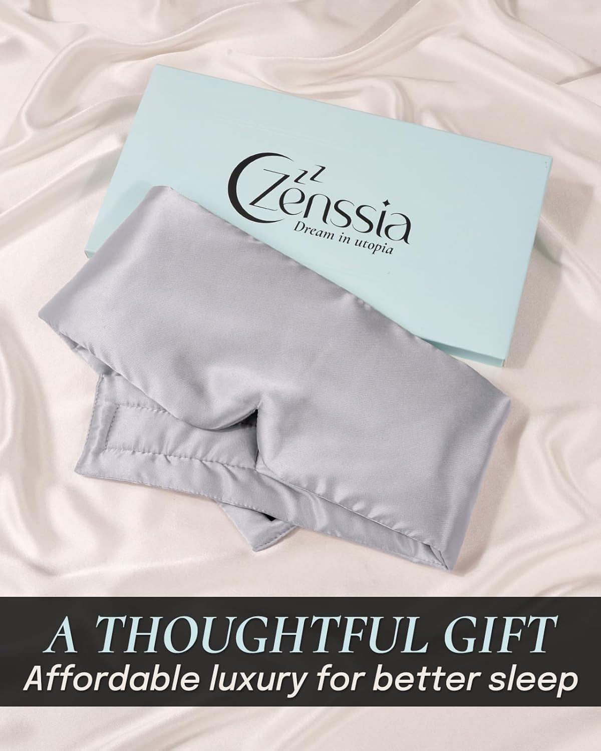 Zenssia Satin Sleep Mask for Women and Men, Lightweight Padded Eye Mask with Adjustable Strap, Comfort Blackout for Travel and Nap - Silver Grey